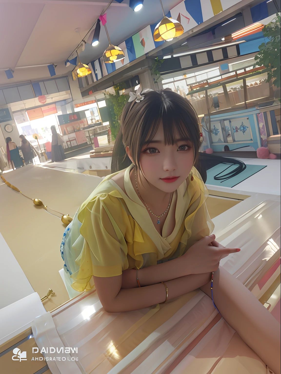 Best quality, masterpiece, high resolution, 1girl, porcelain dress, hair accessories, necklace, jewelry, beautiful face, on the body, Tyndall effect, realistic, dark studio, edge lighting, two-tone lighting, (high detail skin: 1.2), 8k UHD, dslr, soft light, high quality, volumetric light, candid, photo, high resolution, 4k, 8k, background blur,