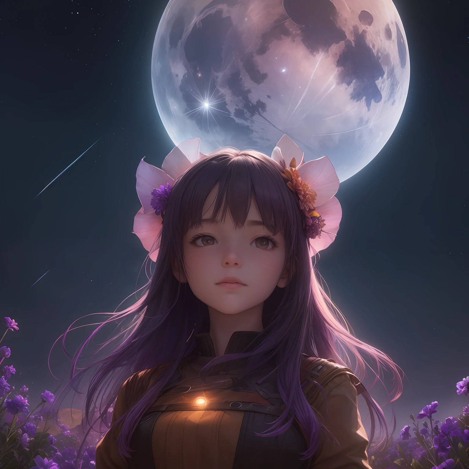 landscape shot, (view from below with a view of the sky and wilderness below), Close up portrait of a girl standing in a flower field and looking up, snap shot, (fullmoon: 1.2), (shooting stars: 0.9), (nebulas: 1.3), distant mountain, Tree Break Production Art, (Warm light source: 1.2), (firefly: 1.2), apples, Purple and orange, intricate detailes, Volume Lighting, Realism Break (masutepiece: 1.2) (Best Quality), 4K, Ultra-detailed, (Dynamic configuration: 1.4), Highly detailed and colorful details, (Iridescent colors: 1.2), (Glowing lighting, Atmospheric lighting), Dreamy, Magical, (Solo: 1.2)