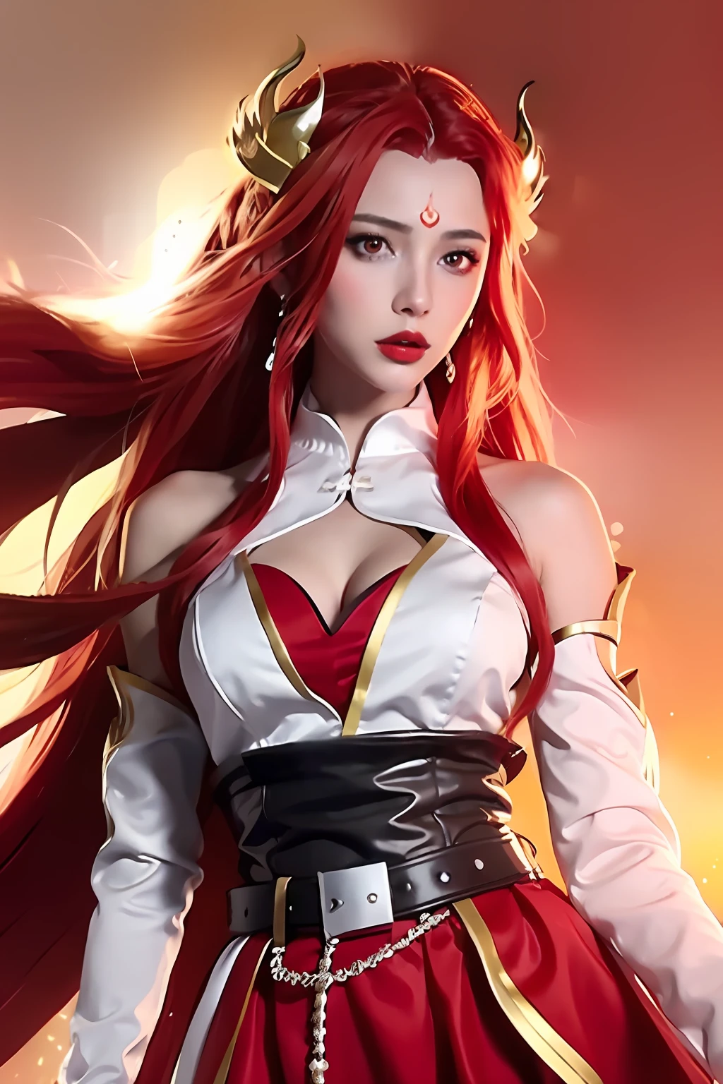 Girl, young and beautiful, tall and beautiful, fair face, perfect features, tall and beautiful, fair skin, good figure, heroic and valiant, heroic and valiant, wearing ancient Chinese armor, female general, Chinese landscape background, standing on the top of the mountain, 500 years ago, starry night, realistic, detailed, 8k, mix4,   red_dress,starry sky, fire, red hair, solo, hair ornament, long hair, red eyes, jewelry, earrings, dress, bare shoulders, red lips, upper body, white background, facial mark, crescent, lipstick, forehead mark, looking at viewer