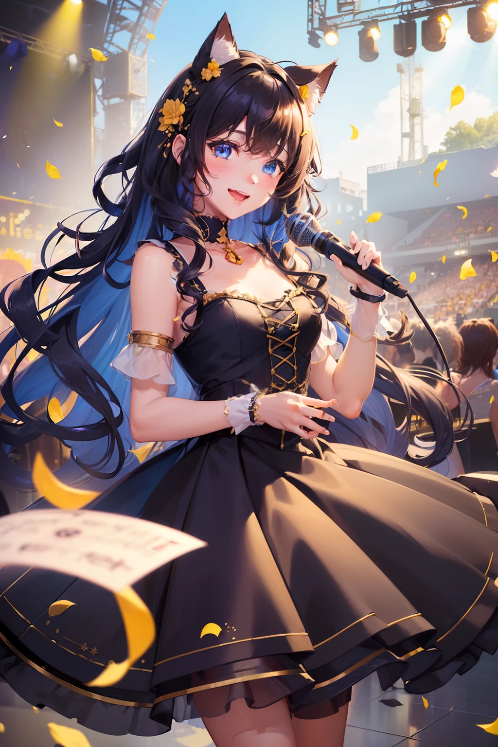 ((Hold the microphone, Singing : 1.2), Idol, Idol Costumes, Little Cat Hairpin, Cat's ears, (Curly hair : 1.3), Long hair, Smiling, Blue Eyes, Round eyes, A dark-haired, masutepiece, hyper quality, stage, concert hall, musical note, flower petals, Pink and yellow)