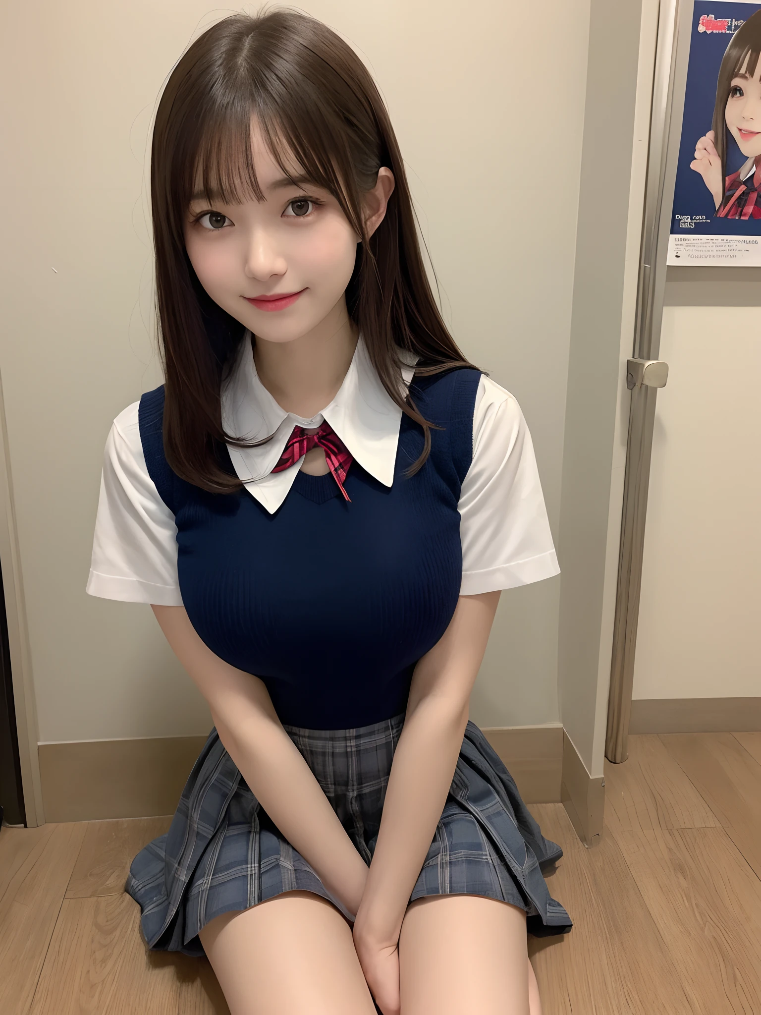 masutepiece、Best Quality、Illustration、 ultra-detailliert、hight resolution、8K Wallpapers、Perfect dynamic composition,、Beautiful detailed eyes、Natural Color Lip、Bold sexy poses、Smile、Harajuku、20 years girl、Cute、Sexy shot looking at camera、(top-quality: 1.3), (masterpiece: 1.3), (Super Detail: 1.3), (wall-paper, one girls: 1.1), (Detailed hands and fingers:1.2)、(Detailed ultra-oily shiny skin:1.1)、oily shiny thighhigh、(Perfect High School Girl Uniform:1.3)、Short sleeve Y-shirt、(Navy Blue Sleeveless Sweater Vest:1.2)、(Beautiful Large Breasts:1.3)、(Red checked miniskirt:1.2)、Sitting with open legs、Brown hair、Shorthair、poneyTail、Beautiful sister、's Boy's Room、sittidown on the floor