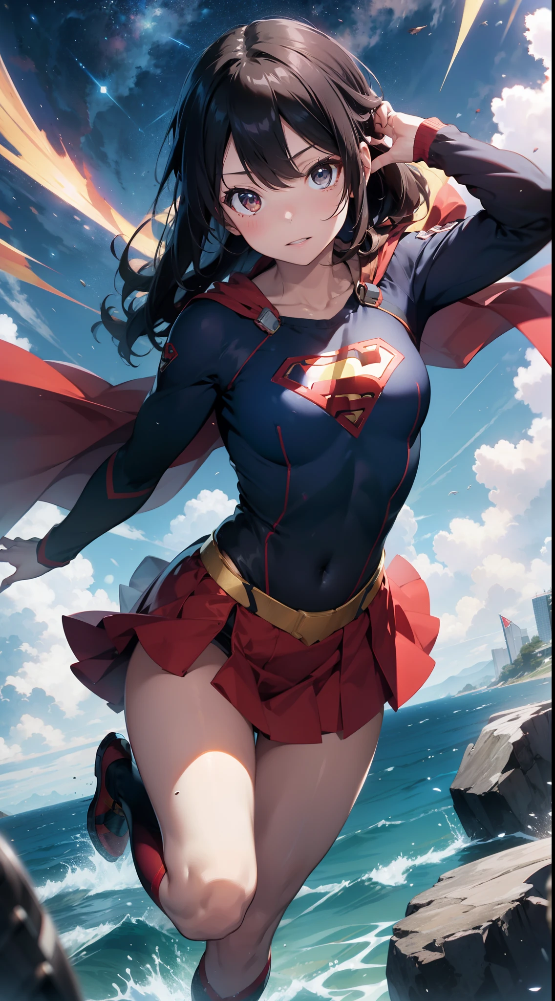 Two-dimensional painting style,Supergirl ,Image of a beautiful brunette woman with black eyes, hdr(HighDynamicRange), Ray traching, NVIDIA RTX, Hyper-Resolution, Unreal 5, Subsurface dispersion, PBR Texture, Post-processing, Anisotropy Filtering, depth of fields, Maximum clarity and sharpness, Many-Layer Textures, Albedo e mapas Speculares, Surface coloring, Accurate simulation of light-material interactions, perfectly proportions,rendering by octane,twotonelighting,largeaperture,Low ISO,White balance,trichotomy,8K raw data,The Superman S symbol is used on the chest,There are long and wide red cloaks,Wide red cloak,short red dress,the sky background,Supergirl soared high into the air,Full body in camera,One leg straight。