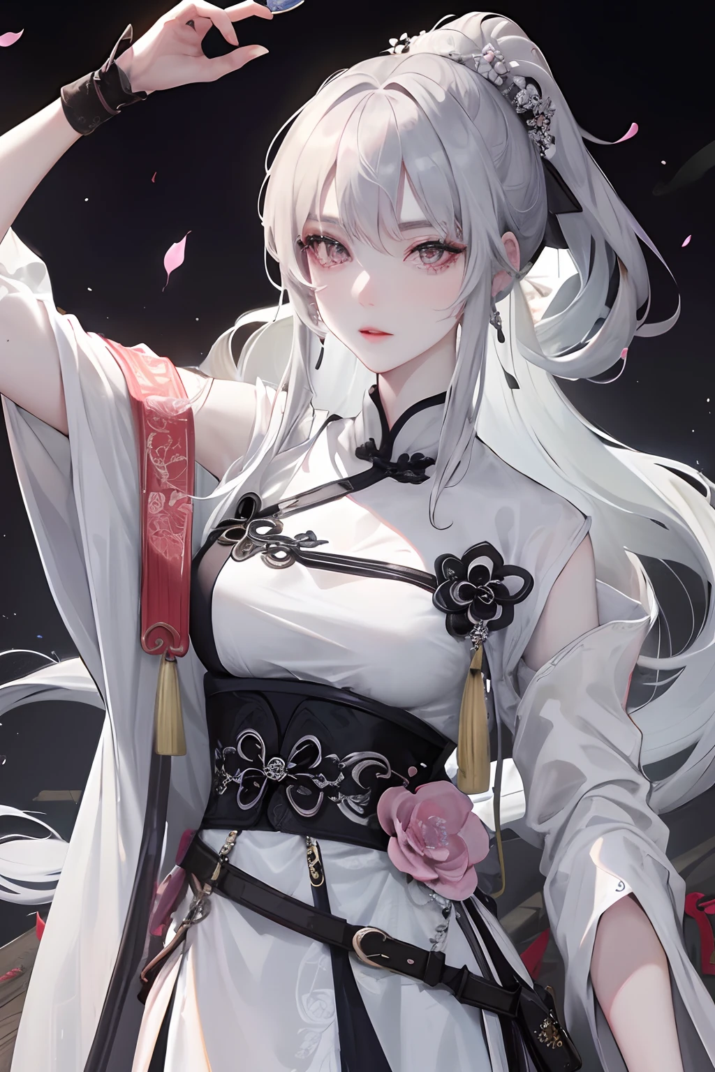 8K, masterpiece, best quality, night, full moon, 1 girl, Chinese style, Chinese architecture, mature woman, sister, silver white long haired woman, long hair, light pink lips, calm, rational, bangs, gray pupils, assassin, fan, knife fan, petal dancing, delicate face,
