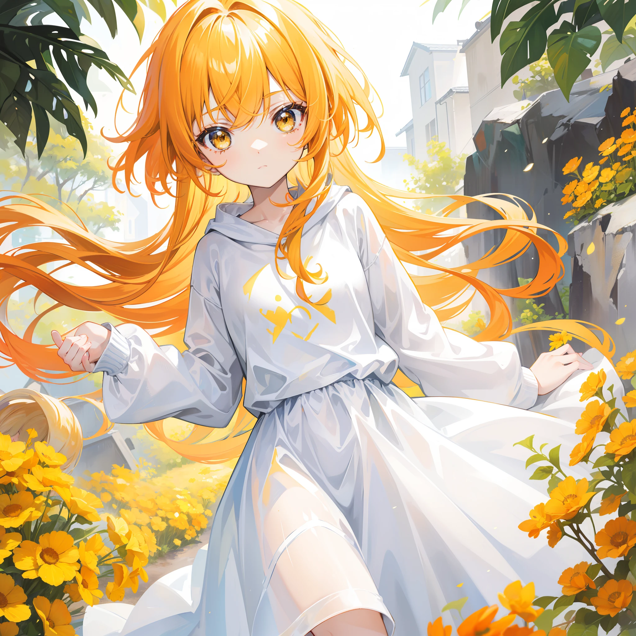 Bright shiny light yellow-orange hair,Yellow is the subject,Wear a simple one, Loose, Clean,A light blue sweatshirt in milky white without a pattern,Looks like a cute sweet girl