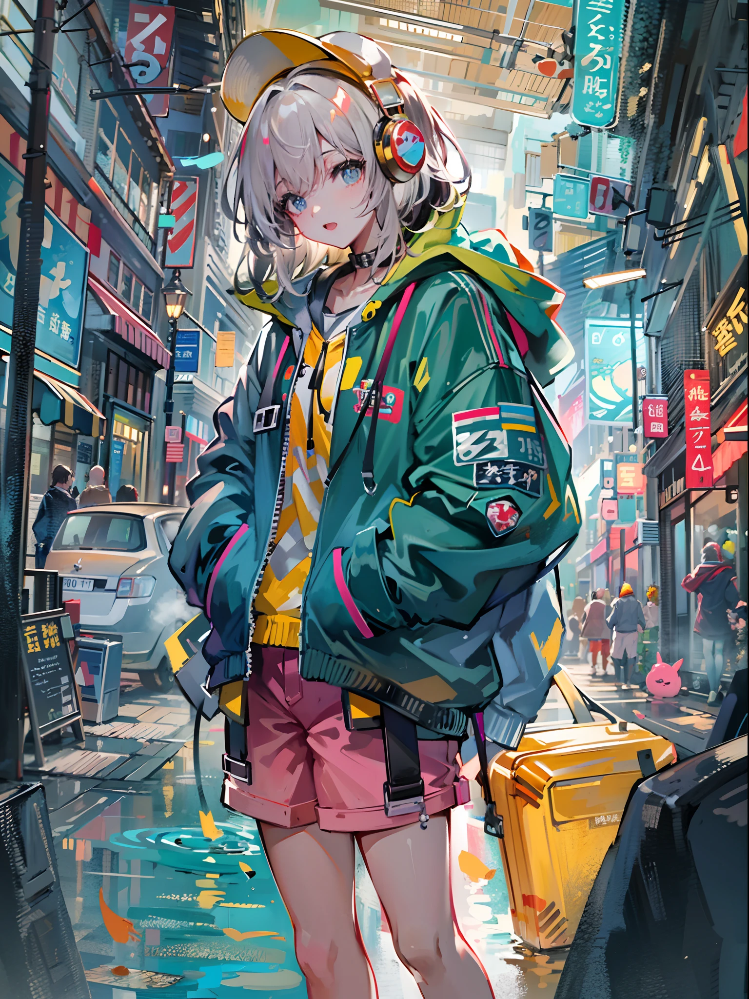 8K分辨率、((top-quality))、((masterpiece))、((ultra-detailliert))、1 woman、独奏、incredibly absurdness、Oversized hoodies、headphones、Street、plein air、Sateen、neons、Shortcut Hair、Brightly colored eyes、Hands in pockets、shortpants、water dripping