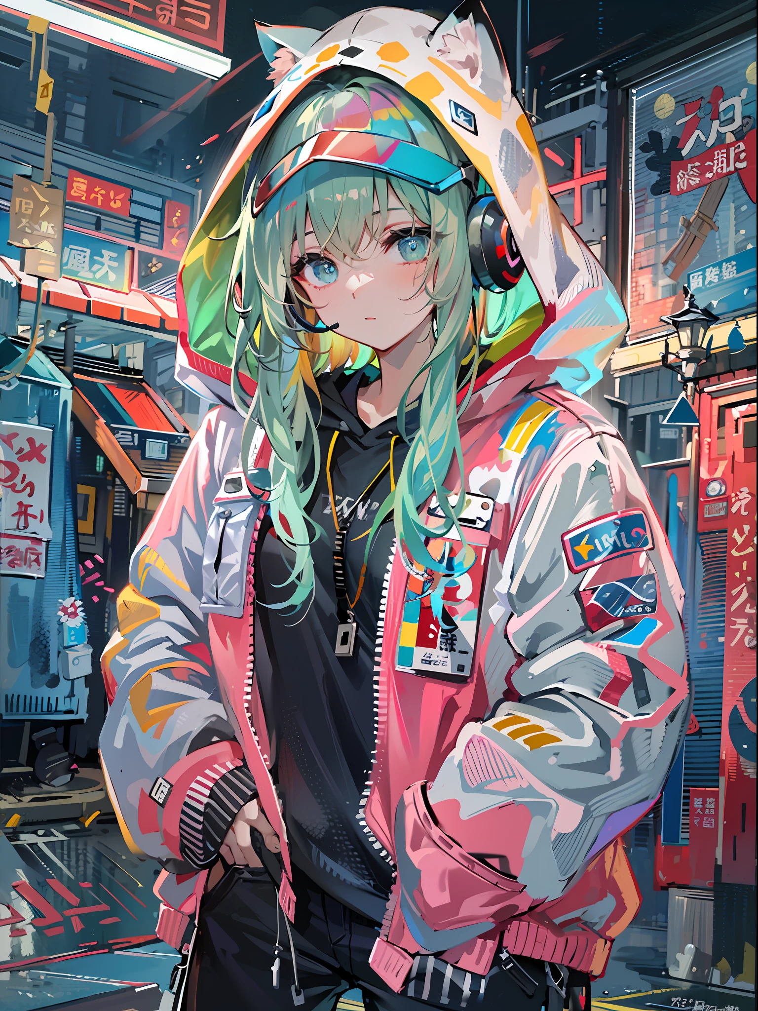 8K分辨率、((top-quality))、((masterpiece))、((ultra-detailliert))、1 woman、独奏、incredibly absurdness、Oversized hoodies、headphones、Street、plein air、Sateen、neons、Shortcut Hair、Brightly colored eyes、Hands in pockets、shortpants、water dripping
