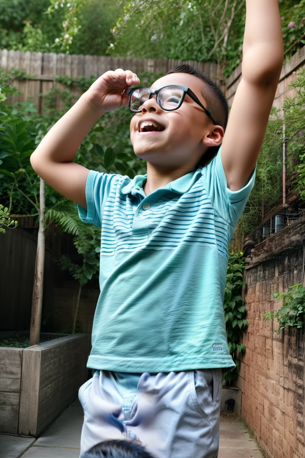 guttonerdvision12, In a stunning sunlit garden adorned with vibrant trees and blossoming flowers, a 3--old  wearing glasses is dancing with pure delight. His tiny hands reach high into the air as he revels in the sunshine and the simple joys of childhood. Hyper-detailed, ultra-high-definition (UHD) resolution of 1.3, detailed focus on the boy's face, playful mood, intricate rendering of the garden with blurred background, warm sunlight filtering through the leaves and petals. A hyper-detailed and heartwarming UHD image (1.3) that captures the essence of a young boy's happiness as he dances in a sunlit garden. The focus on the boy's face ensures that every expression is brilliantly detailed.