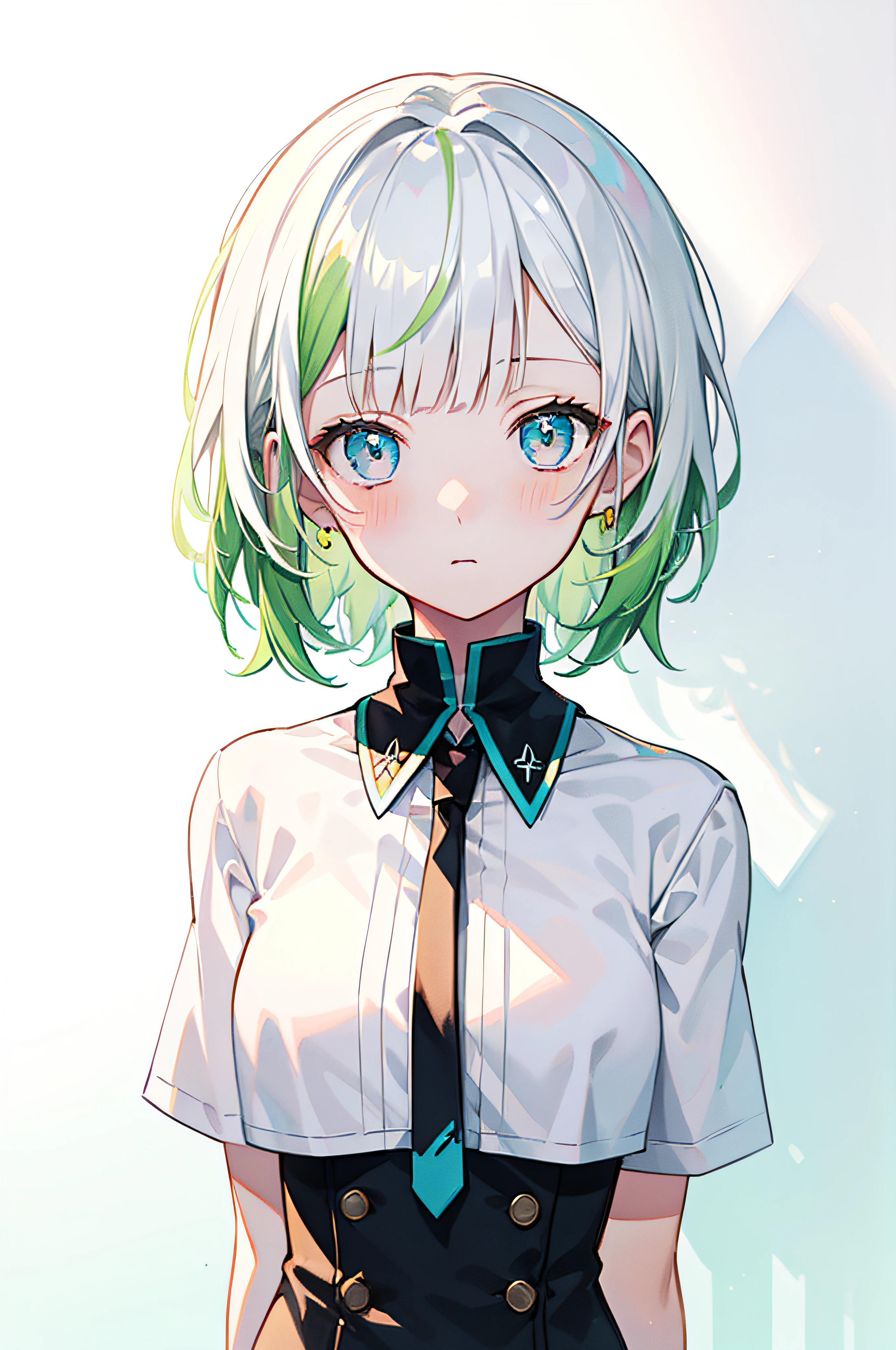 blunt bangs, masterpiece, best quality, best illustration, ultra-detailed, upper body, solo, 1 girl, looking at viewer, upright, arms at sides, beautiful detailed eyes, concept art, white background, simple background, white hair, green gradient hair, short sleeves, watercolor pencil, expressionless, blush, virtual youtuber, short hair