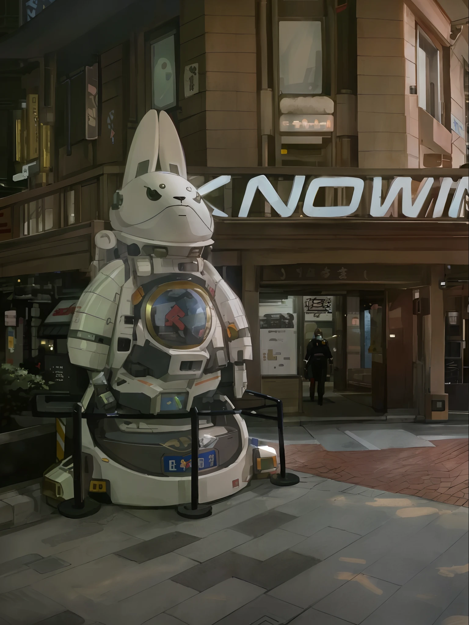 There is a rabbit in an astronaut's uniform on the sidewalk, The astronaut looked up, giant anime mecha, in neo tokyo, Robot warrior, kinmoza!, cyberpunk streets in japan, mandkaws, konami mecha, in neo tokyo, japanese mecha,hyper HD,16k,