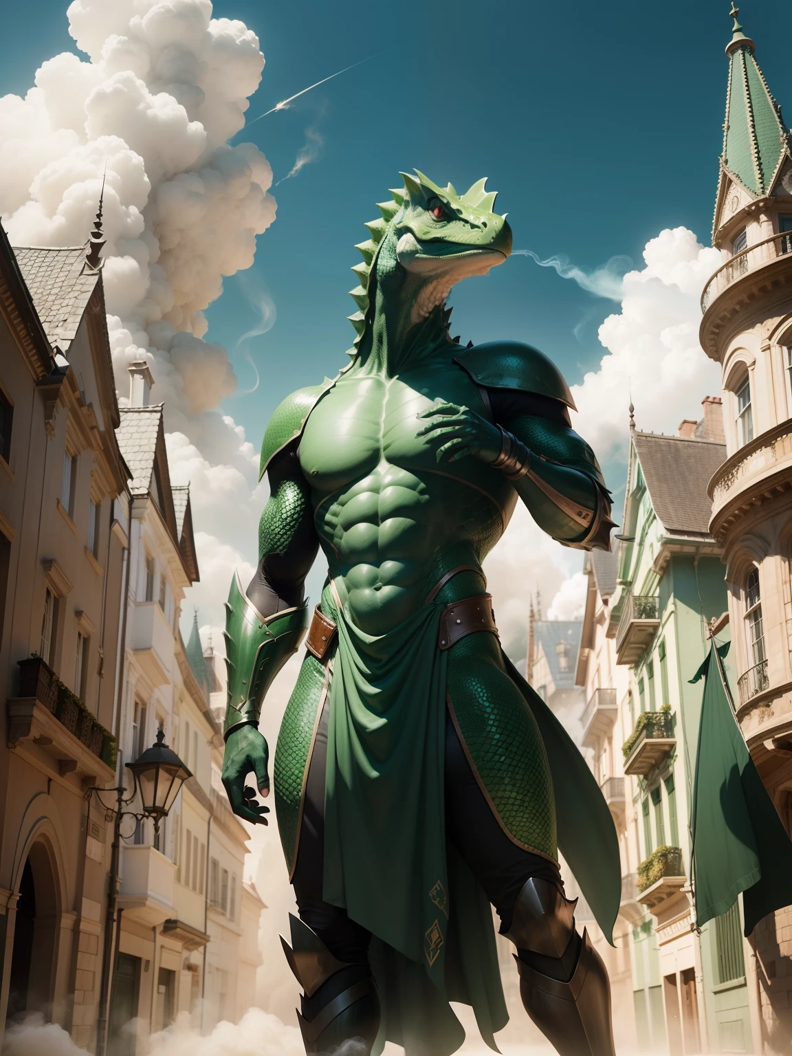armadura dourada, Lagarto, escudo, castelo, veneno, smoke billowing, veneno verde, green smoke, Vapor verde, place covered with green smoke, veneno verde, green acid, gosma verde, action pose, demonio, armas, Rabo Asqueiroso, corpo inteiro,magro, esguio, escala, From head to toe, lizard head