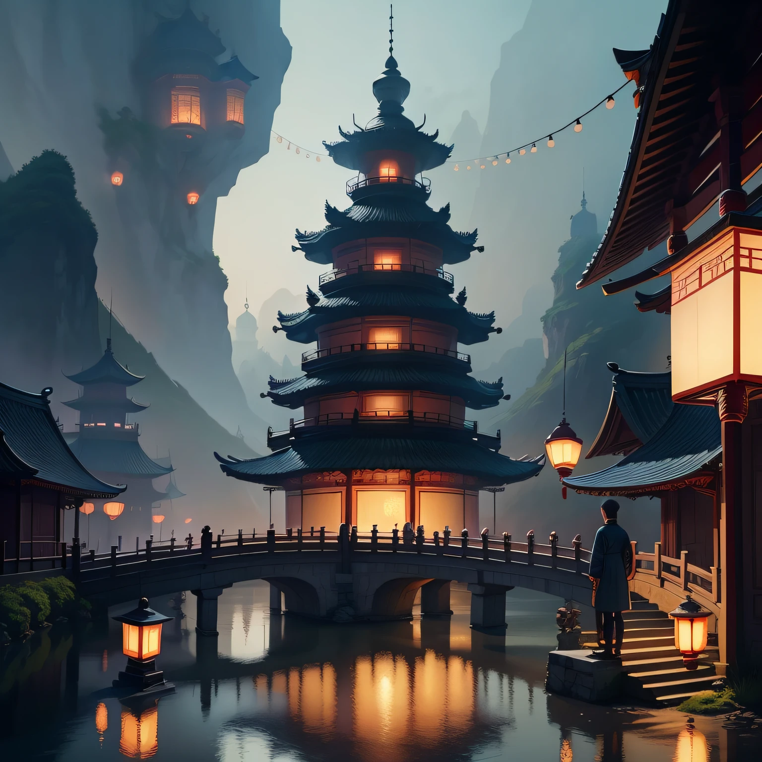 Two people stood on the bridge，There are lanterns hanging in the sky, A beautiful artwork illustration, fairy-tale illustration style, dreamlike illustration, illustration!, Chinese fantasy, Fine quality illustrations, boy girl traditional romance, 2 d illustration, 2D illustration, by Yang J, author：Qu Leilei, blurry and dreamy illustration, Digital illustration, natta, A illustration