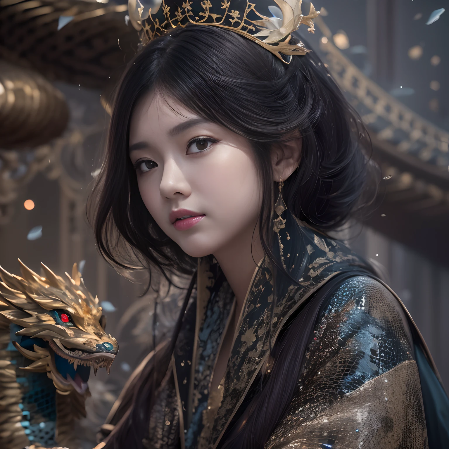 32K（tmasterpiece，k hd，hyper HD，16k）with short black hair，Pond in the back room，Black burgundian hair girl ，Golden Dragon Protector （realisticlying：1.4），Python robe，Purple-pink tiara，Snowflakes fluttering，The background is pure， A high resolution， the detail， RAW photogr， Sharp Re， Nikon D850 Film Stock Photo by Jefferies Lee 4 Kodak Portra 400 Camera F1.6 shots, Rich colors, ultra-realistic vivid textures, Dramatic lighting, Unreal Engine Art Station Trend, cinestir 800，Close-up of the side of the half