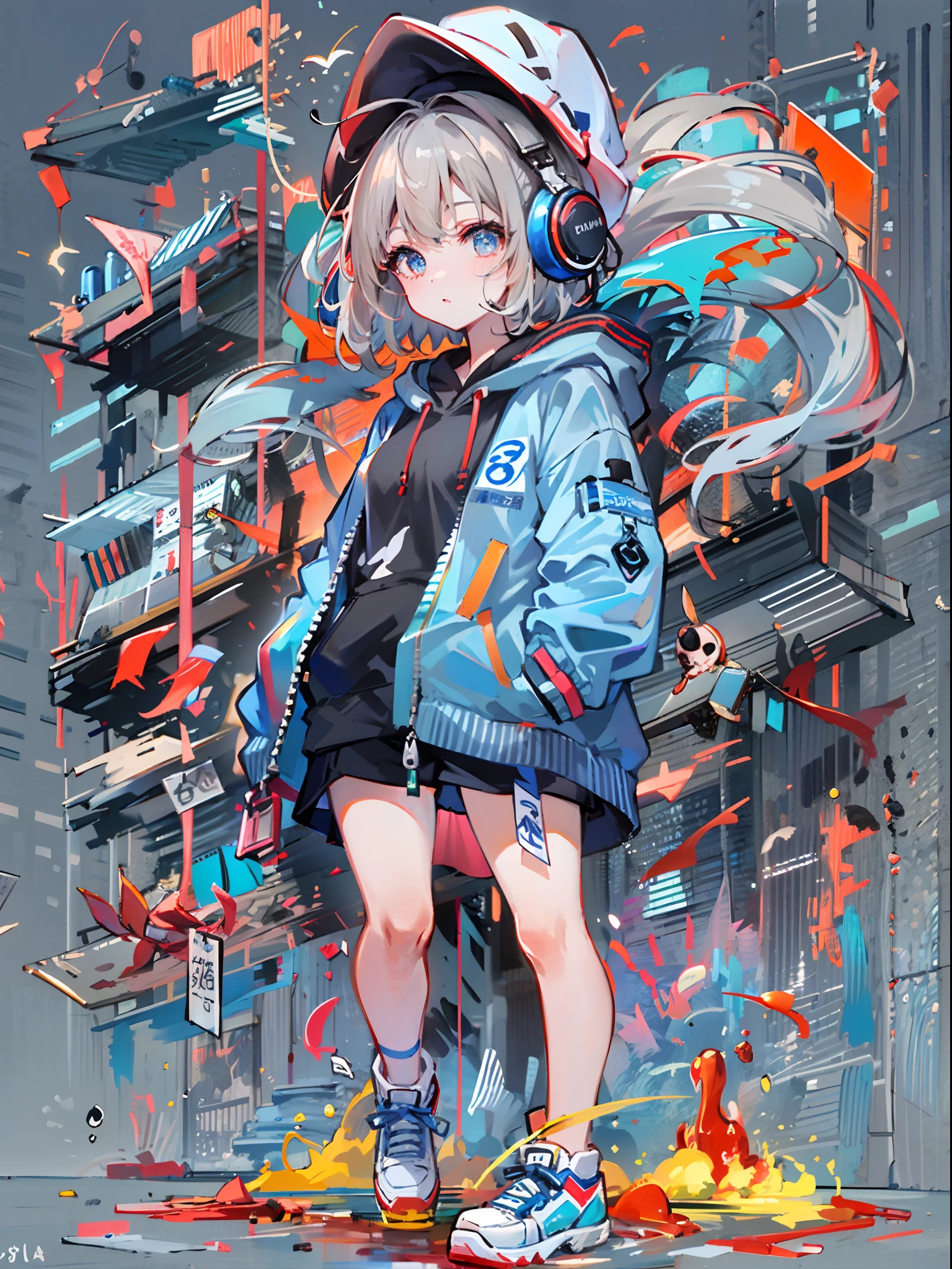 8K分辨率、((top-quality))、((​masterpiece))、((ultra-detailliert))、1 woman、独奏、incredibly absurdness、Oversized hoodies、headphones、Street、plein air、Sateen、neons、Shortcut Hair、Brightly colored eyes、Hands in pockets、shortpants、water dripping
