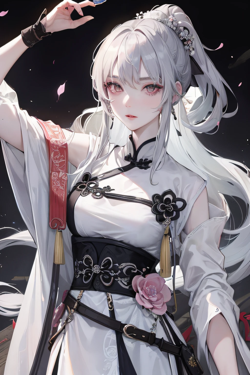 Masterpiece, Best, Night, Full Moon, 1 Female, Mature Woman, Chinese Style, Ancient China, Elder Sister, Royal Sister, Cold Face, Expressionless, Silver White Long Haired Woman, Pale Pink Lips, Calm, Intellectual, Three Belts, Gray Hitomi, assassin, dagger, flower ball background, street view