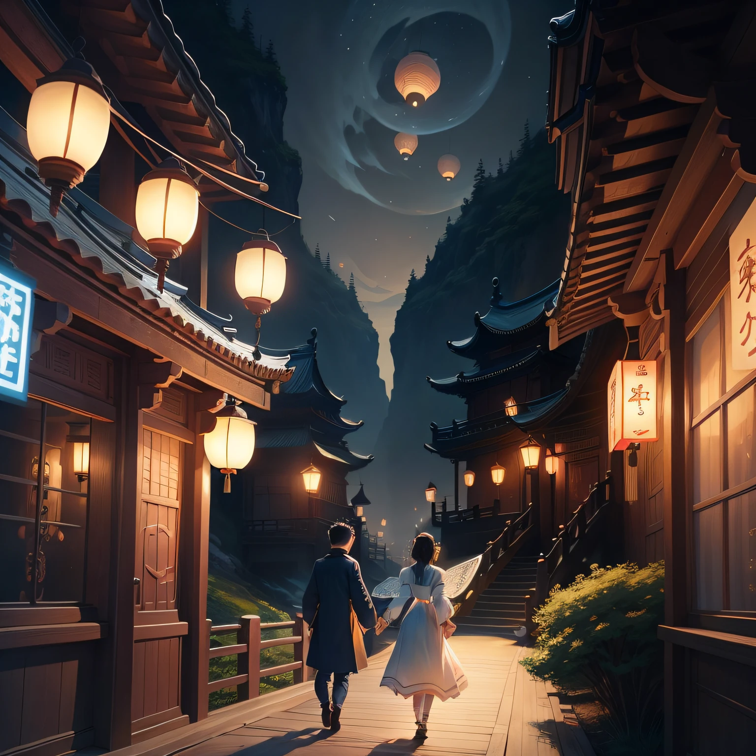 Two people stood on the bridge，There are lanterns hanging in the sky, A beautiful artwork illustration, fairy-tale illustration style, dreamlike illustration, illustration!, Chinese fantasy, Fine quality illustrations, boy girl traditional romance, 2 d illustration, 2D illustration, by Yang J, author：Qu Leilei, blurry and dreamy illustration, Digital illustration, natta, A illustration