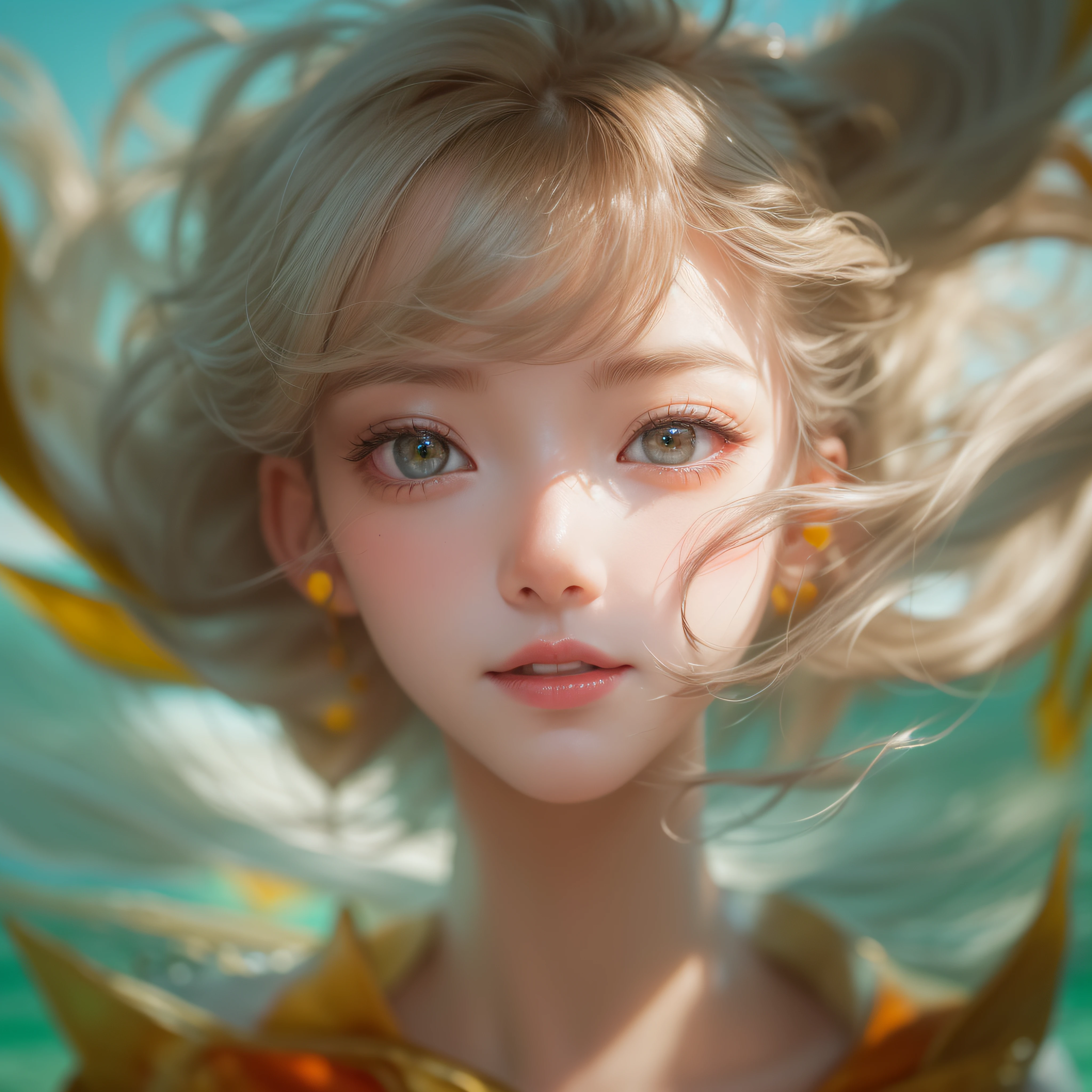 Close up of smiling face with open mouth、Close up of smiling face with open mouth、Close up of smiling face with open mouth、Close up of smiling face with open mouth、Close up of smiling face with open mouth、(masterpiece、realisitic、hight resolution)、(1 girl in):1.2)、Do-Up Eye、Korean Girl、(Best Quality), (masutepiece), (1girl in), Solo, Beautiful Girl, Perfect face, Big Breast,Swimsuit Costumes, Cool pose、dreamlikeart、Highly detailed airbrush art(((Surreal))、intricate detailes、Volumetric lighting、(masterpiece:1.2)、(top-quality)、The ultra-detailliert、(The composition of the movement:1.4)、Highly detailed colorful details、(Irridescent color:1.2)、(Bright lighting、Atmospheric lighting)、dream-like、Magical、dynamic compositions、Ray traching、The mirror reflects light、Shallow depth of field、ultra-detailliert、mixing exposure、nffsw、Super masterpiece、Her eyes are shining、Staring at the blue sea。Her face is full of anticipation and courage for adventure.、A smile comes to her lips、An air full of smiles and adventurous spirit、Gaze at the sea in the distance。In her gaze there is a thirst for unknown lands.、Inspire a sense of adventure。 At the rear、The sun is slowly tilting to the west。Its light brings golden light to the surface of the sea、The swaying waves create a beautiful scene..。Small islands and cloud shapes floating in the distance、It creates an atmosphere where unknown shipping routes await。 Her courage and determination are condensed.、Eye-catching presence。Her eyes shine sharply。Red