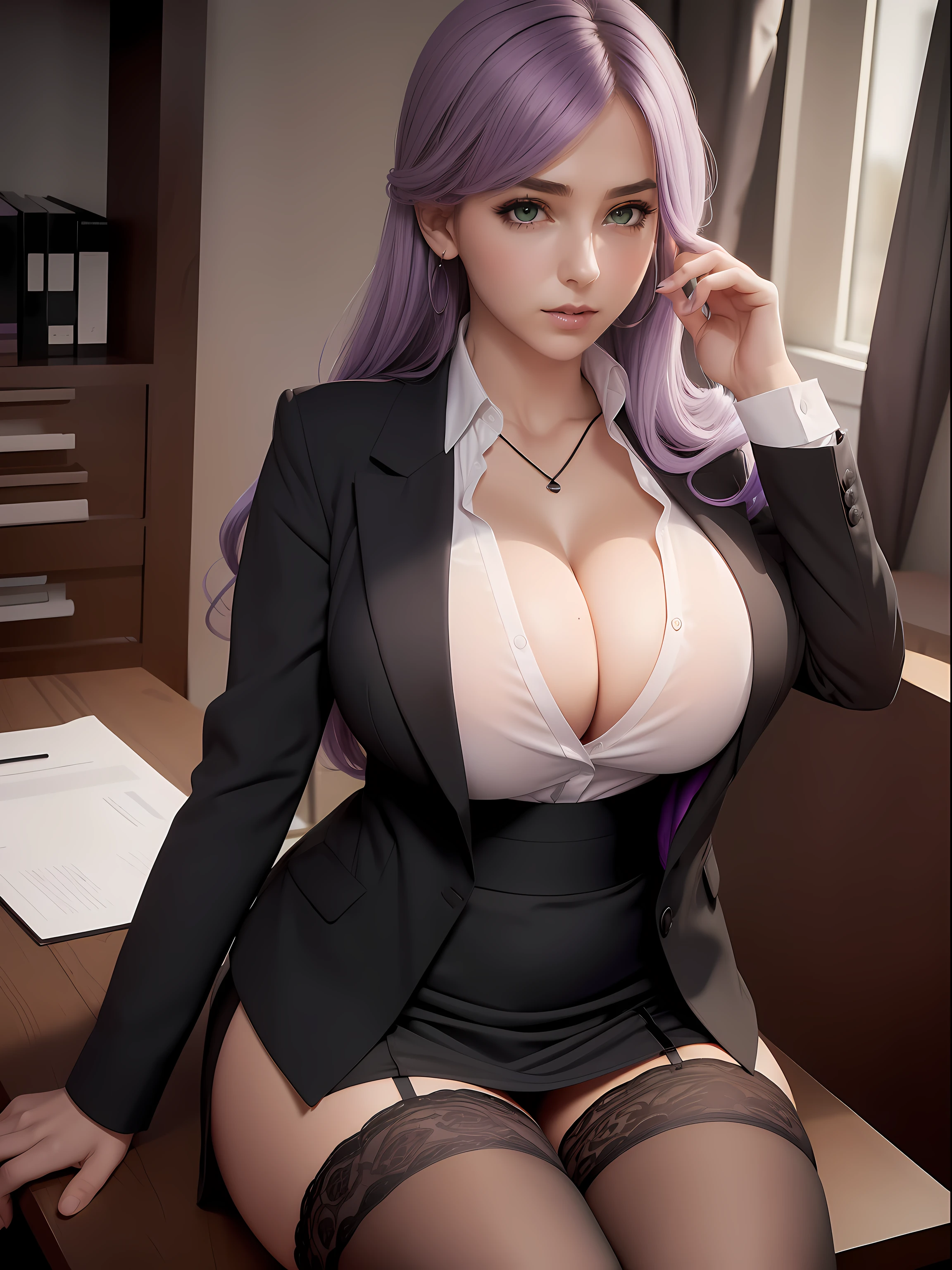 1girl, green eyes+, long light purple lilac hair, big boobs, cleavage, business office, white Oxford shirt unbuttoned, black lacy bra peeking out of shirt, black business skirt, black stockings, sitting on desk, full lips, facing viewer, black blazer
