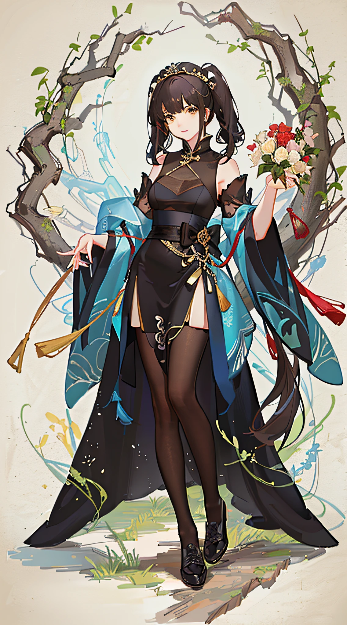 girl,full body,(detailed face:1.2), masterpiece, fashion,chinese dress,, medium hair, black hair, twintails, blunt bangs, brown eyes,
