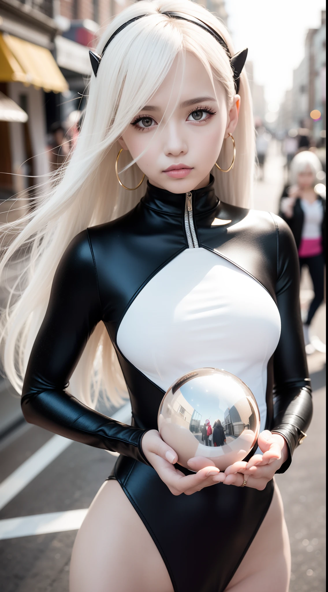 glass orbs, Long white hair, ahoge, hime-cut, kamina shades, horizontal pupils, Crescent earrings,snowflower, Serious, art-deco, Sparkle, stereograms, stereograms, bust chart, red leotard,wind coat,the street,Perspective, Bokeh, hyper HD, Textured skin, Best quality