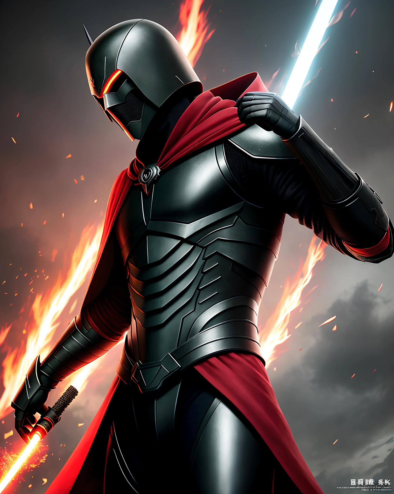 (ultra-detailed CG unit 8k wallpaper, Master parts, Best quality, depth of fields, hdr, 复杂), Tall, The sinister Dark Assassin wears a metal mask，Bright red eyes，Light and dark armor，Behind him he wears a low-key red cloak，Holding a sharp dagger in his arms，Step into the burning village, (复杂: 1.4) (Master parts: 1.4) (illustration: 1.4), Red studio lighting, Post-processing, 8K resolution, deep dark background, imponent, Well-composed photos, Impressive, dark fantacy (director: greg rutkovsky: 1.2), (darken: 1.5)