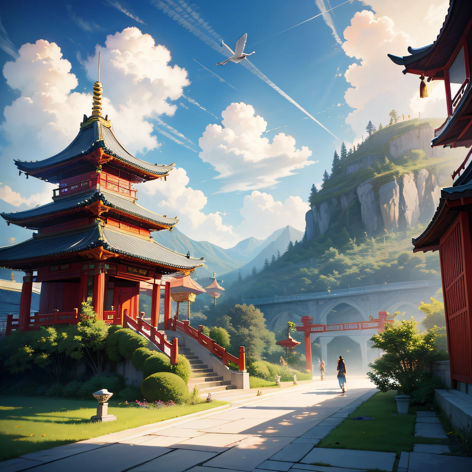 tmasterpiece，A high resolution，Complex scenes，detailed face with，CG animation，Chinese mythological story background，wonderland，bru，There are 2 people on the bridge，illustration，Crane，Clouds，Pavilions