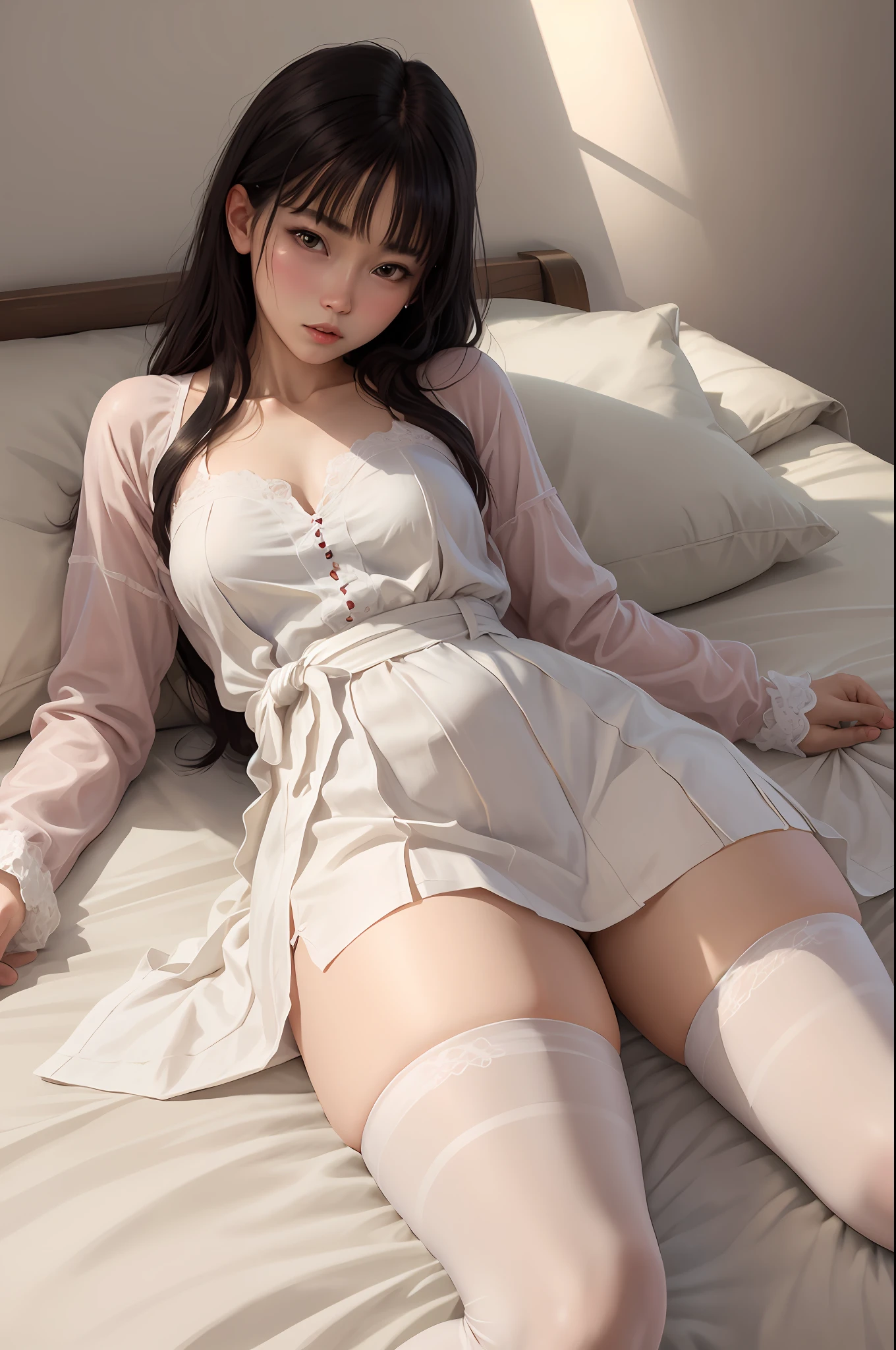Boli Lingmeng，Lie down in bed，Wearing white stockings，Clothes half-off