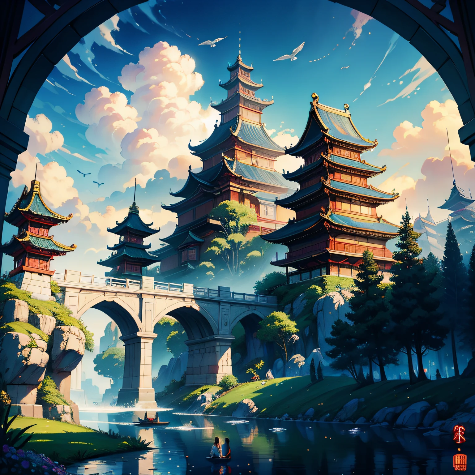 tmasterpiece,A high resolution,Complex scenes,detailed face with,CG animation,Chinese mythological story background,wonderland,bru,There are 2 people on the bridge,illustration,Crane,Clouds,Pavilions