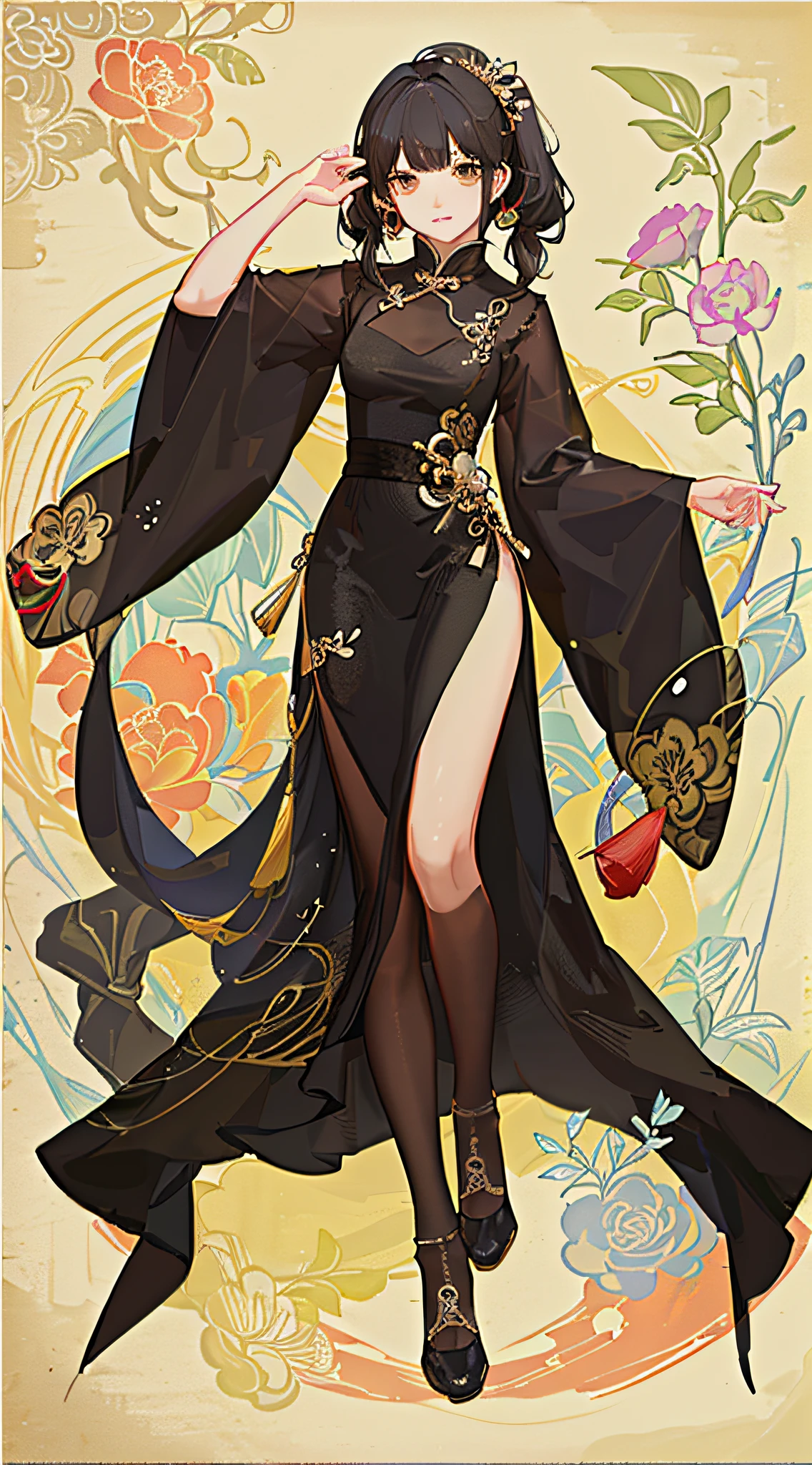 girl,full body,(detailed face:1.2), masterpiece, fashion,chinese dress,, medium hair, black hair, twintails, blunt bangs, brown eyes,