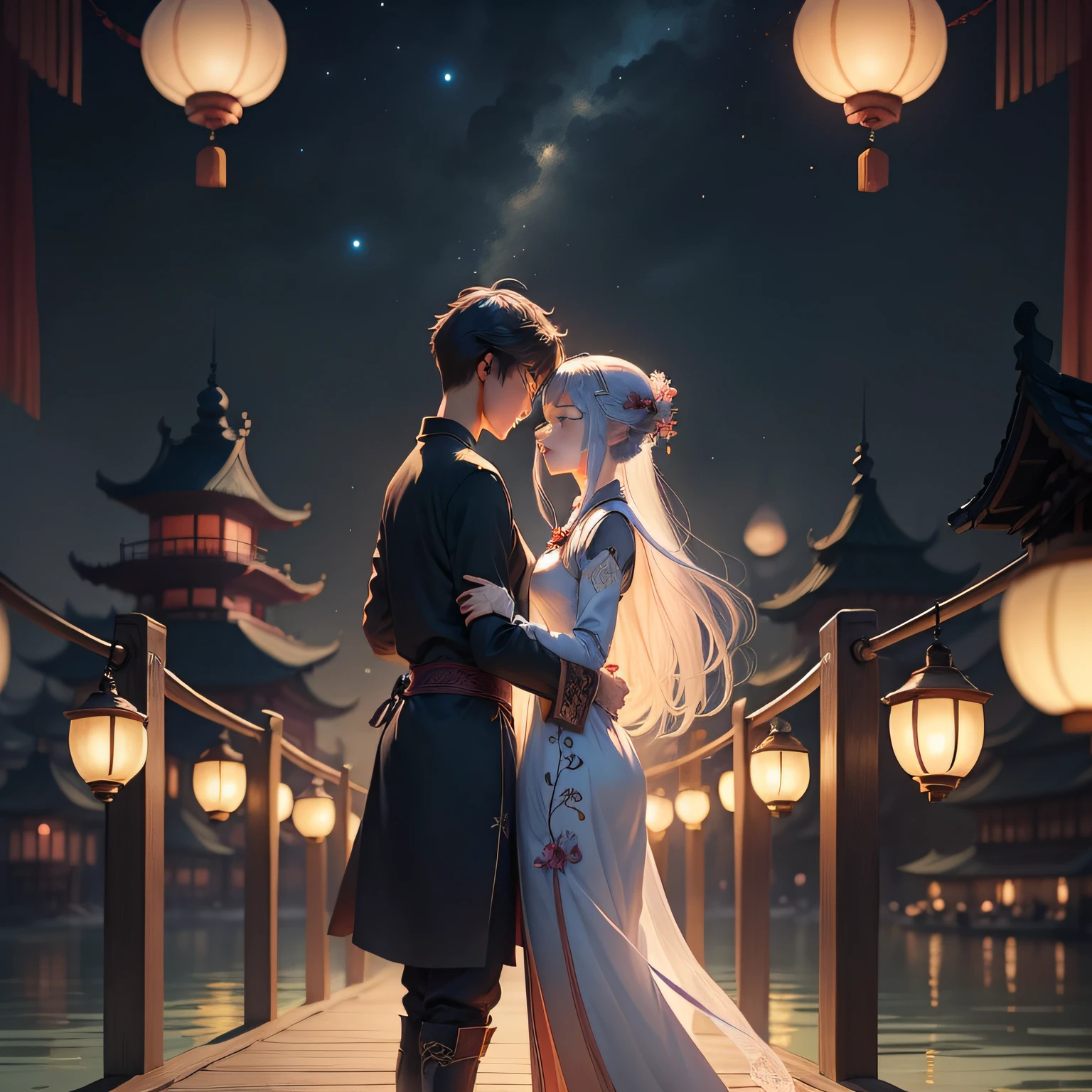 Two people stood on the bridge,There are lanterns hanging in the sky, A beautiful artwork illustration, fairy-tale illustration style, dreamlike illustration, illustration!, Chinese fantasy, Fine quality illustrations, boy girl traditional romance, 2 d illustration, 2D illustration, by Yang J, author:Qu Leilei, blurry and dreamy illustration, Digital illustration, natta, A illustration