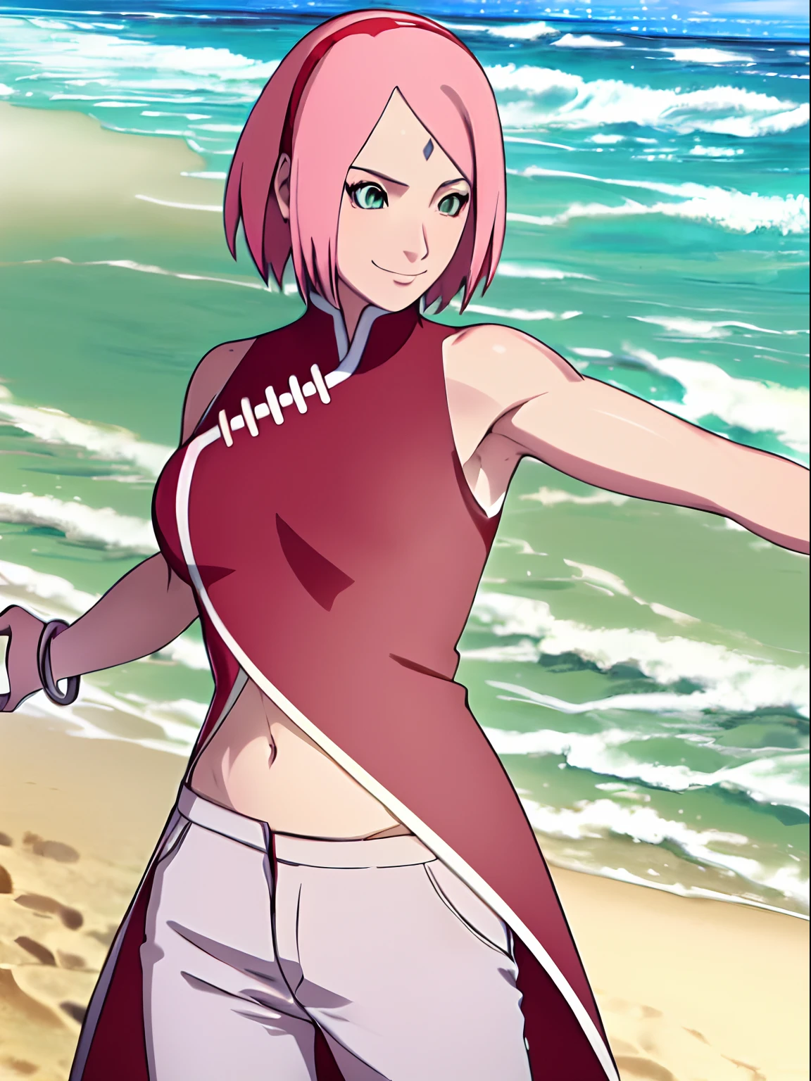 masterpiece, 4k, portrait, face shot, professional artwork, detailed beach background, intricate details, colorful, digital blending, (ultra detailed body, ultra detail hair, ultra detail face), trending on pixiv, kind smile, best quality, anime style: 1.9, 1girl, hires, haruno sakura, (forehead mark, milf, red hairband, pale skin, short hair, ((red sleeveless dress), white pants), (navel, belly button, bracelet, pink hair), smile, beach, wind, floating hair, detailed arms, off-shoulders, broad shoulders, slightly muscular arms, (dirty armpits, armpit pocket), standing)