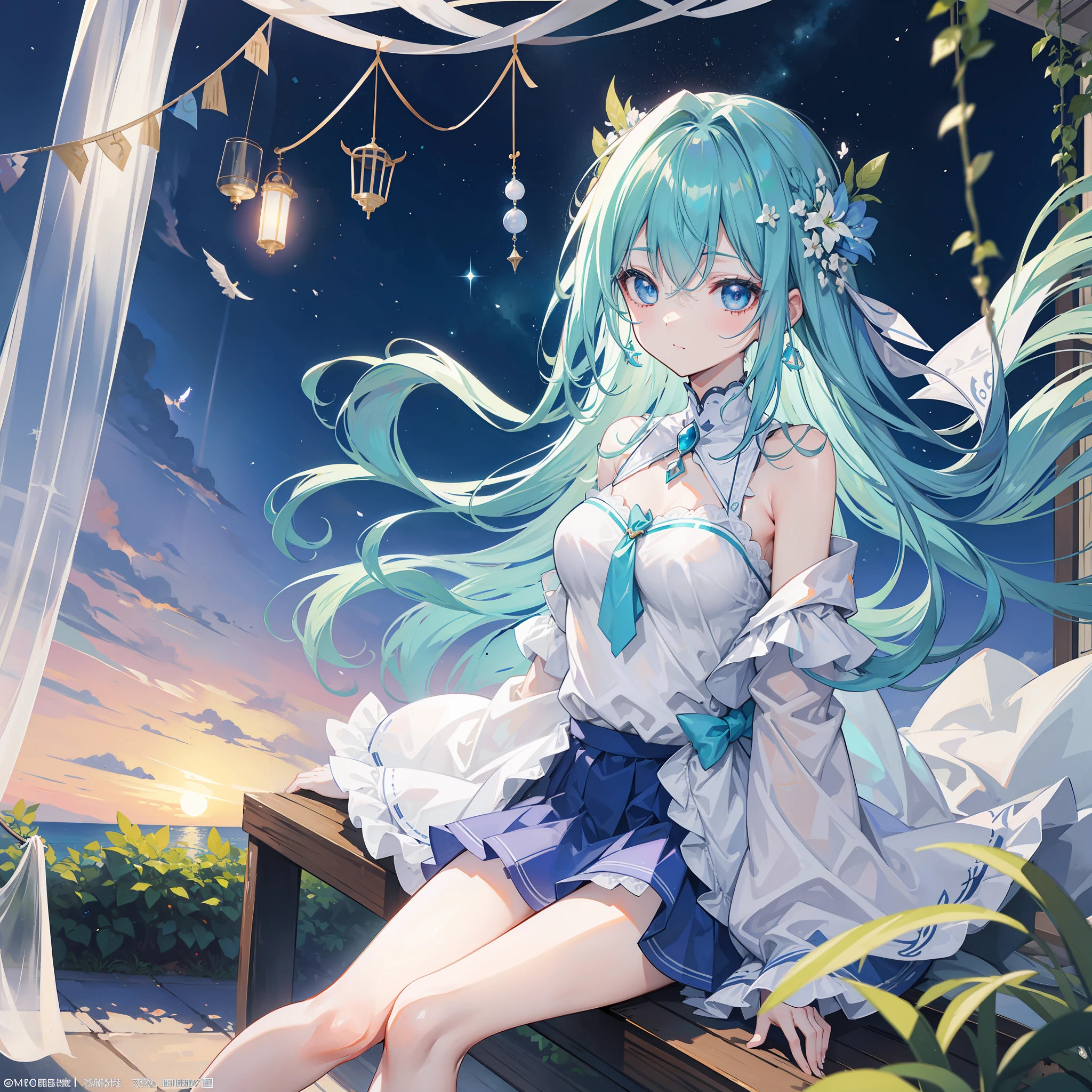 (masterpiece)、(highest quality)、((Super detailed))、(super delicate)、Idol in naughty night dress、light aqua blue hair、beautiful breasts、Beautiful butt、Gorgeous、lake with mountain view、Fantastic starry sky
