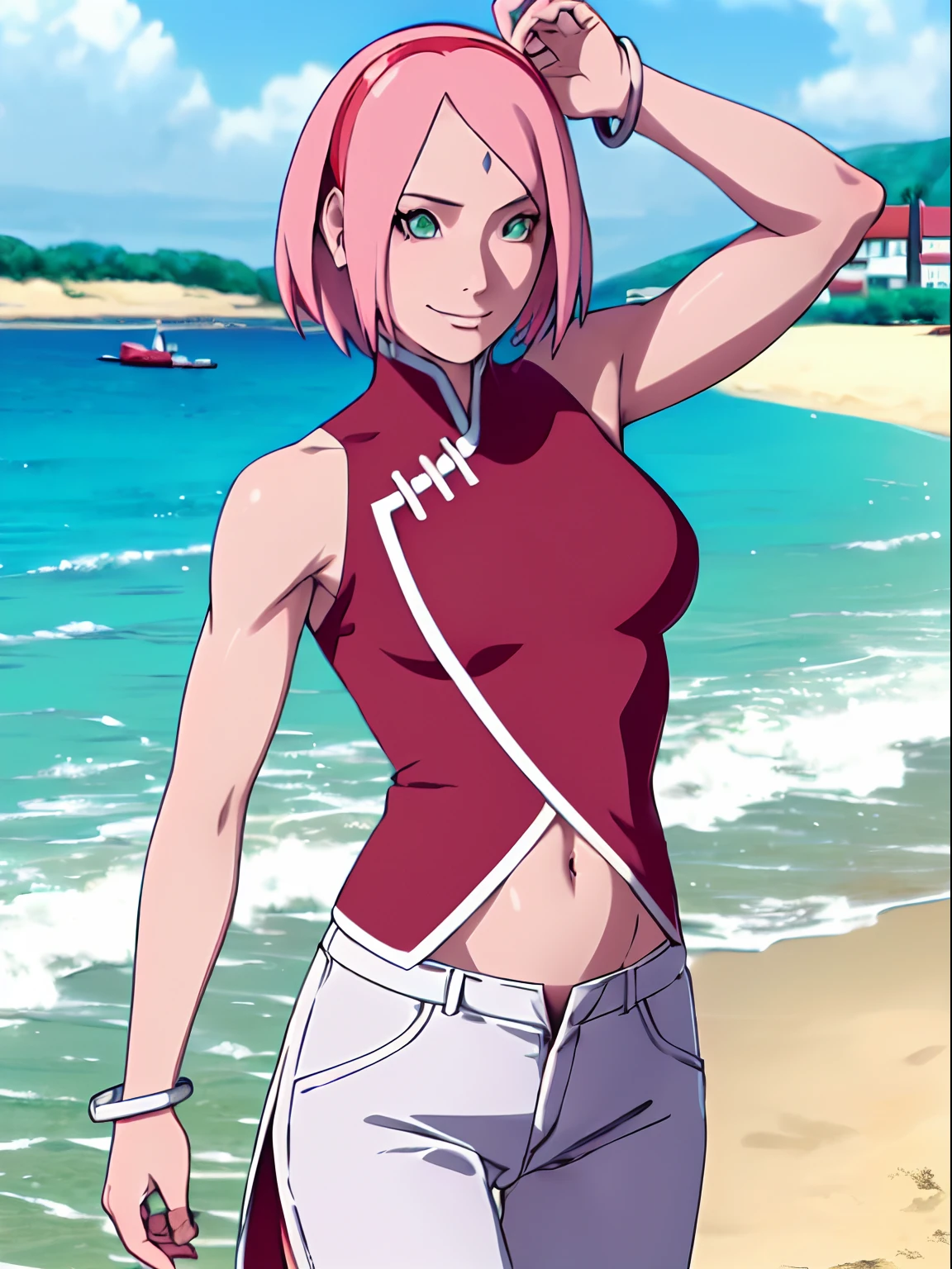 masterpiece, 4k, portrait, face shot, professional artwork, detailed beach background, intricate details, colorful, digital blending, (ultra detailed body, ultra detail hair, ultra detail face), trending on pixiv, kind smile, best quality, anime style: 1.9, 1girl, hires, haruno sakura, (forehead mark, milf, red hairband, pale skin, short hair, ((red sleeveless dress), white pants), (navel, belly button, bracelet, pink hair), smile, beach, wind, floating hair, detailed arms, off-shoulders, broad shoulders, slightly muscular arms, (dirty armpits, armpit pocket), standing)