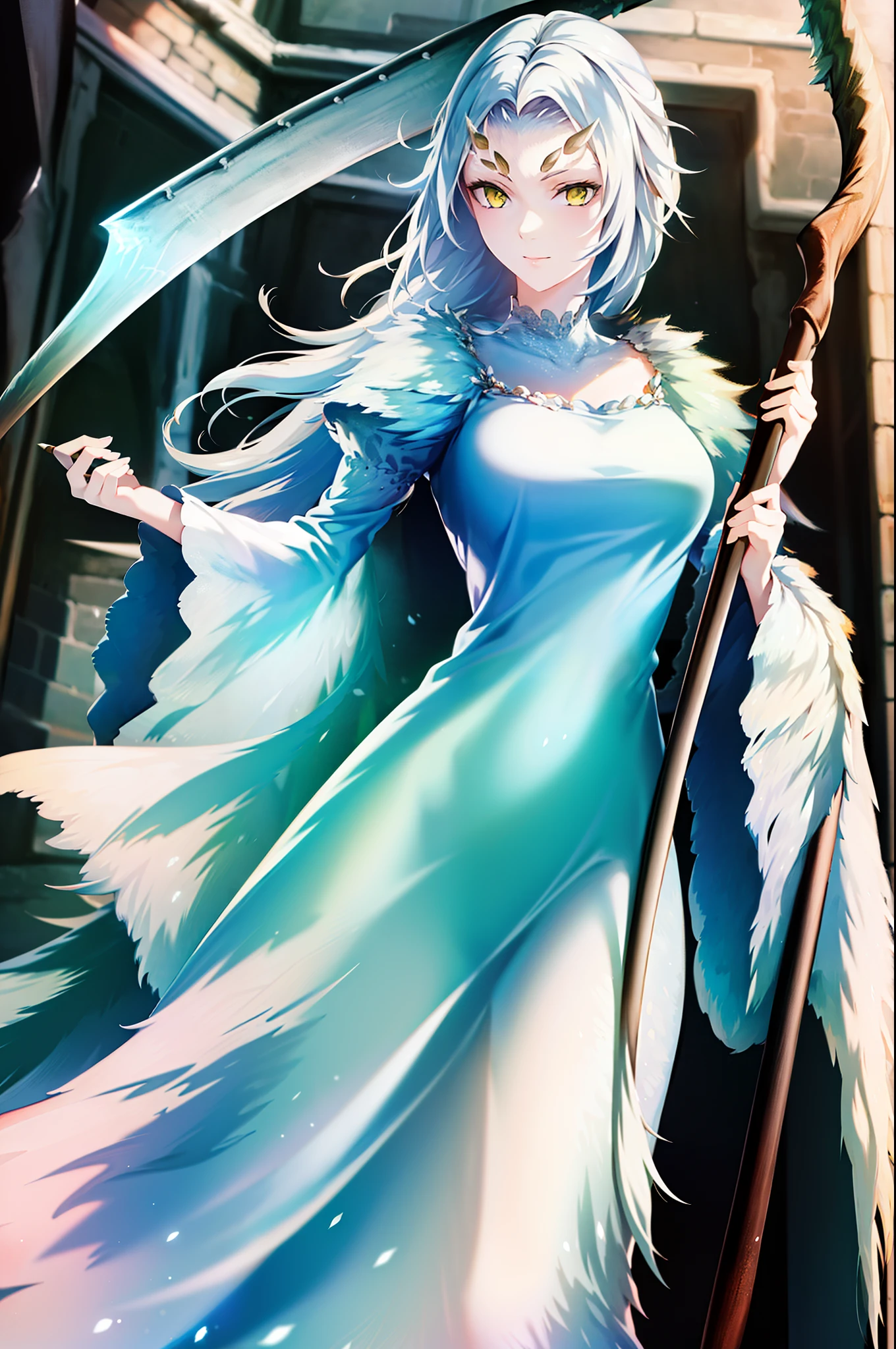 ((masterpiece)), ((best quality)), ((highres)), ((finely detail)), 1girl,priscilla the crossbreed, holding scythe, white dress, full body