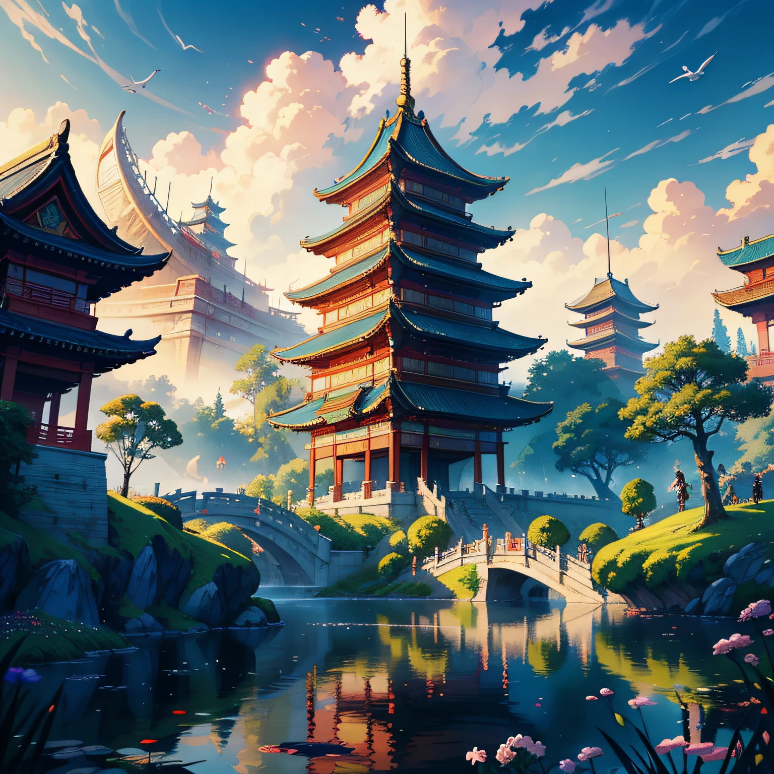 tmasterpiece,A high resolution,Complex scenes,detailed face with,CG animation,Chinese mythological story background,wonderland,bru,There are 2 people on the bridge,illustration,Crane,Clouds,Pavilions