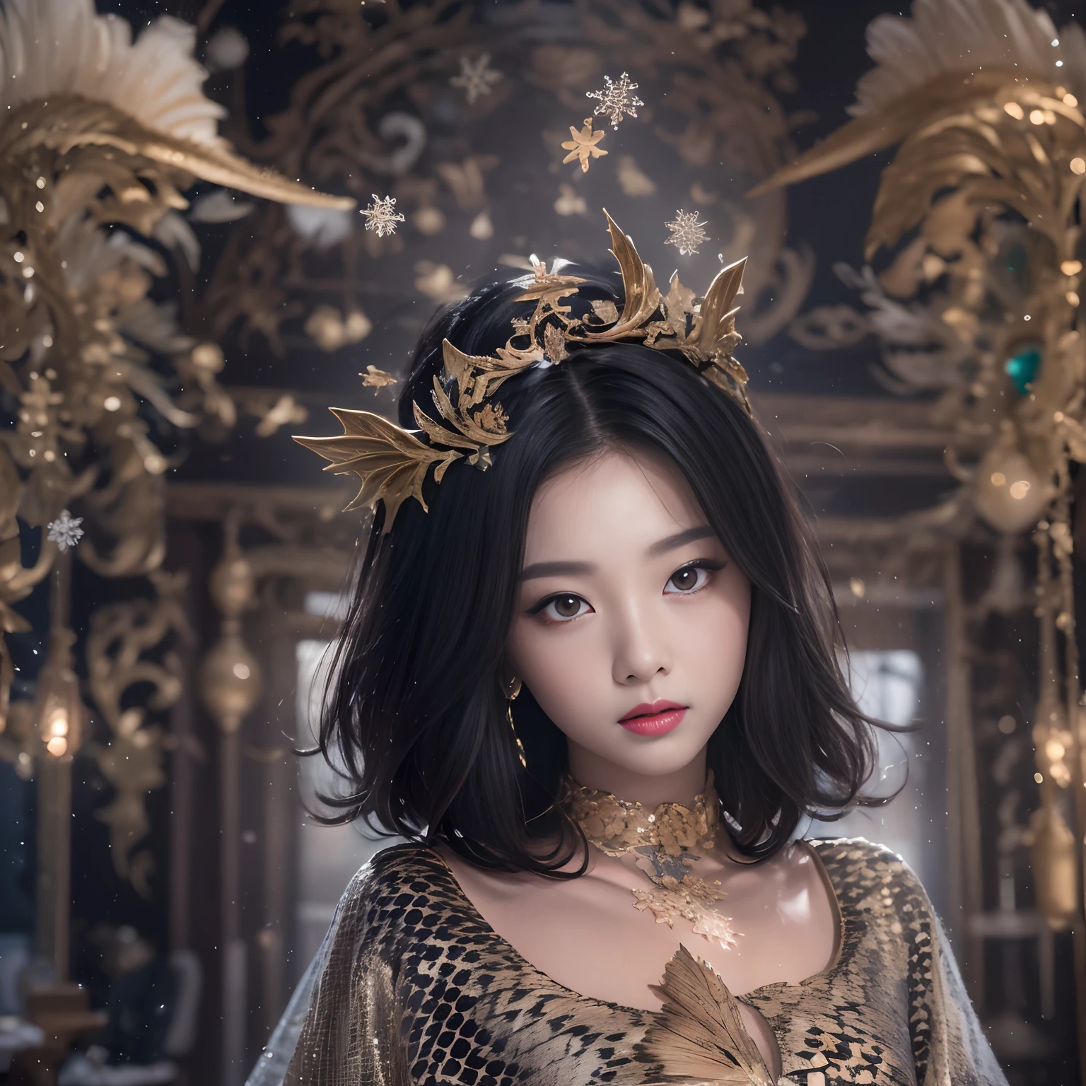 32K(tmasterpiece,k hd,hyper HD,16k)Black hair short hair,Vintage wooden train in the back room,Snowflake girl ,Protector of the Golden Dragon (realisticlying:1.4)Black hair,Python pattern robe,Purple-pink tiara,Snowflakes fluttering,Black hair,The background is pure, A high resolution, the detail, RAW photogr, Sharp Re, Nikon D850 Film Stock Photo by Jefferies Lee 4 Kodak Portra 400 Camera F1.6 shots, Rich colors, ultra-realistic vivid textures, Dramatic lighting, Unreal Engine Art Station Trend, cinestir 800,Black hair