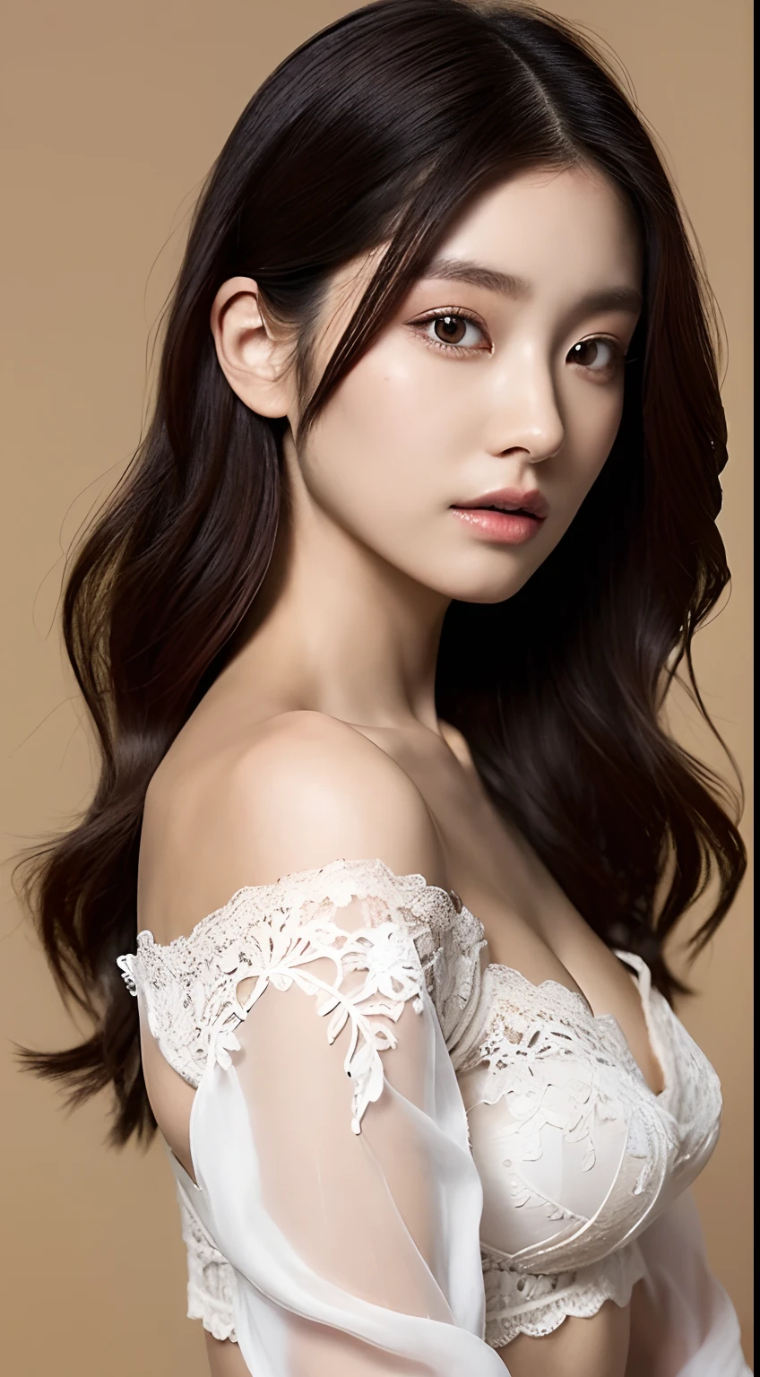 one Japanese model ,Unique details, lace embroidered bustier over no sleeve blouse, Near future, Curvilinear details , double eyelid, simple background