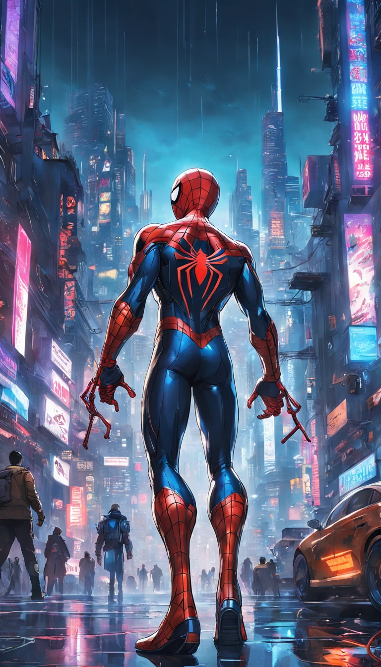 Get ready to witness the merging of the worlds of Spider-Man and Cyberpunk in one breathtaking image. Nesta obra-prima visual em 8K, You will be transported to a futuristic and dystopian environment, where the iconic Marvel hero gets a new look.

O Homem-Aranha surge em uma paisagem urbana imponente, dominated by gigantic skyscrapers and holographic advertisements that shine brightly. The neon lights reflect off his cybernetic armor, creating a striking contrast between the hero's characteristic red and blue and the oppressive darkness of the environment.

Seu traje, remodelado para se adequar ao estilo Cyberpunk, features metallic details and futuristic lines, combining functionality and futuristic aesthetics. The advanced fabric, adornado com circuitos luminosos, it seems to pulsate with electronic energy as Spider-Man prepares to face the challenges of this chaotic world.

The surrounding city is full of characteristic elements of the Cyberpunk style, como carros voadores, cyber implants, Drones and robots, Adding a unique and technological atmosphere to the image. The contrast between the grandeur of the buildings and the presence of Spider-Man in the midst of this dystopian landscape conveys a sense of solitary heroism and resilience against adversity.

A qualidade impressionante em 8K permite que cada detalhe seja visualizado com clareza e realismo, from the intricate webs cast by Spider-Man to every reflection and texture in the futuristic environment.

Get ready to marvel at this epic junction between the Spider-Man universe and the Cyberpunk aesthetic, in an image that will captivate your imagination and transport you to a world where action, a tecnologia e a aventura se unem em perfeita harmonia.