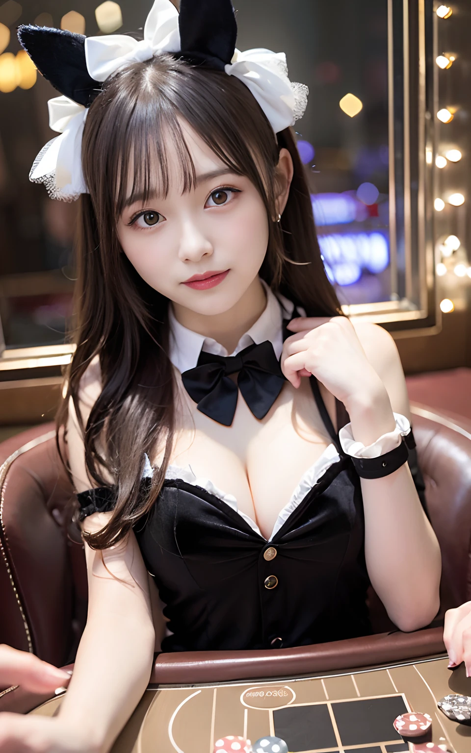 8K,  casino, Black velvet bunny girl costume, velvet, 16-year-old woman, Bokeh background, bokeh feeling,  girl's own room, A smile, de pele branca, Cute *********** s, breasts on table, White choker and black bow tie, White cuffs, two side up