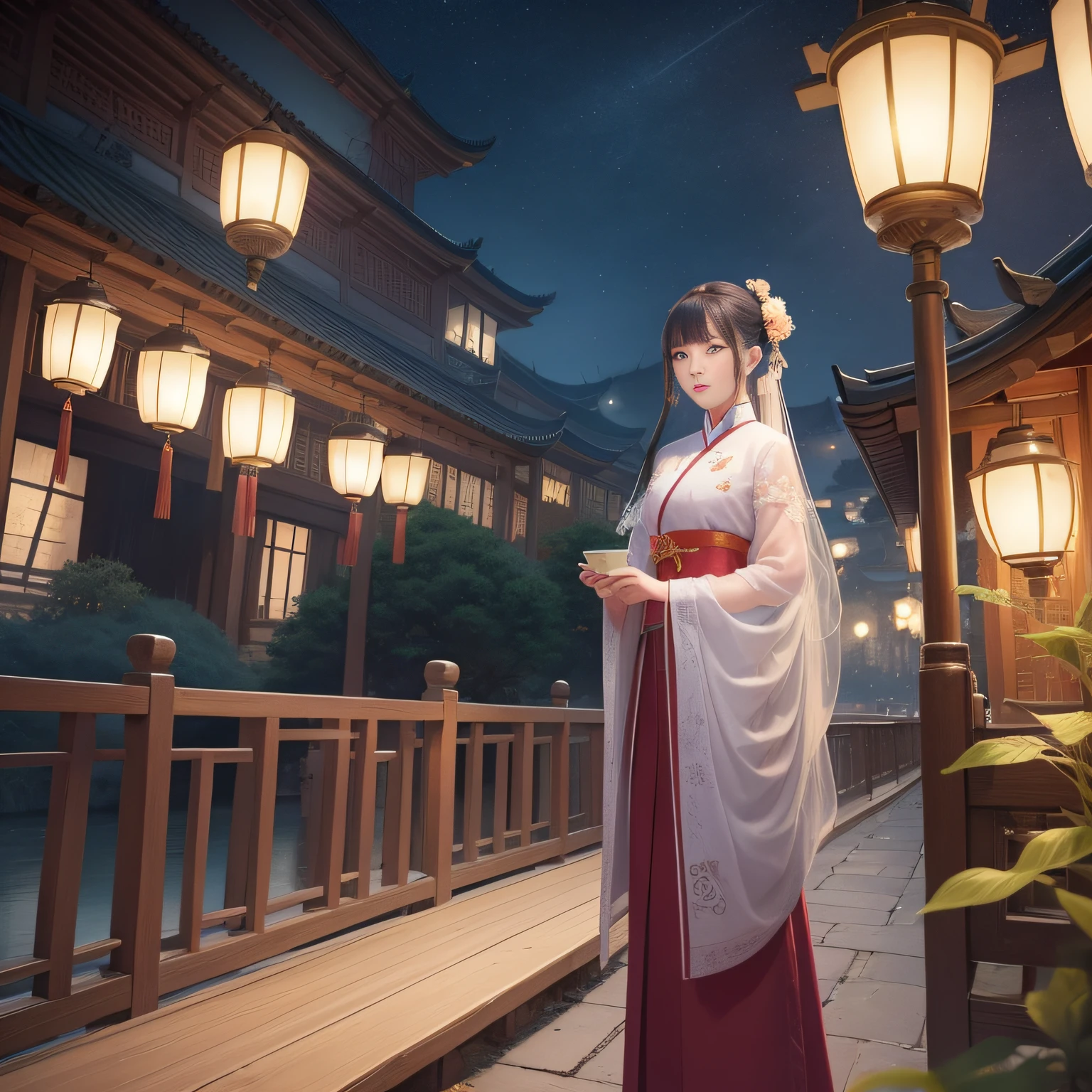 Two people stood on the bridge,There are lanterns hanging in the sky, A beautiful artwork illustration, fairy-tale illustration style, dreamlike illustration, illustration!, Chinese fantasy, Fine quality illustrations, boy girl traditional romance, 2 d illustration, 2D illustration, by Yang J, author:Qu Leilei, blurry and dreamy illustration, Digital illustration, natta, A illustration