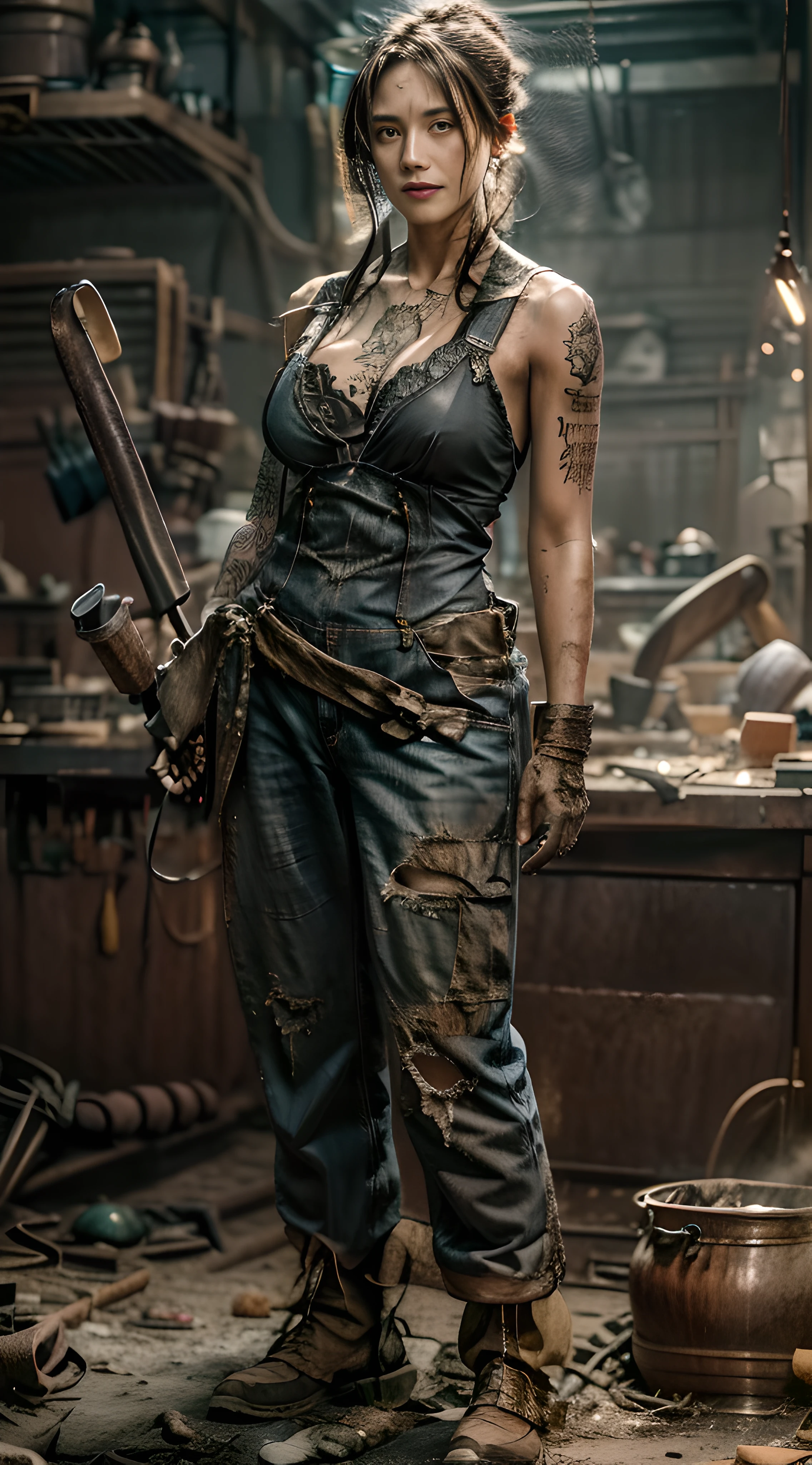 ((best quality)), ((masterpiece)), (detailed), mesmerizing and alluring female blacksmith covered in soot,Confident smile,Look into the camera,(Dirty and rugged charm:1.2), (tough and confident demeanor:1.1), (forging expertise:1.3), disheveled hair, smudged face with a playful smirk, naked under stained overalls clinging to her curves(huge breasts:1.3), (gritty tools of the trade:1.2), cluttered foundry, scattered iron parts, furnace forge, (authentic blacksmith foundry ambiance:1.2), (intense gaze:1.1), gripping a welding torch in her dirty hands, 8k resolution,looking at another, looking away,( tattoo:1.2), masterpiece, best quality,Photorealistic, ultra-high resolution, photographic light