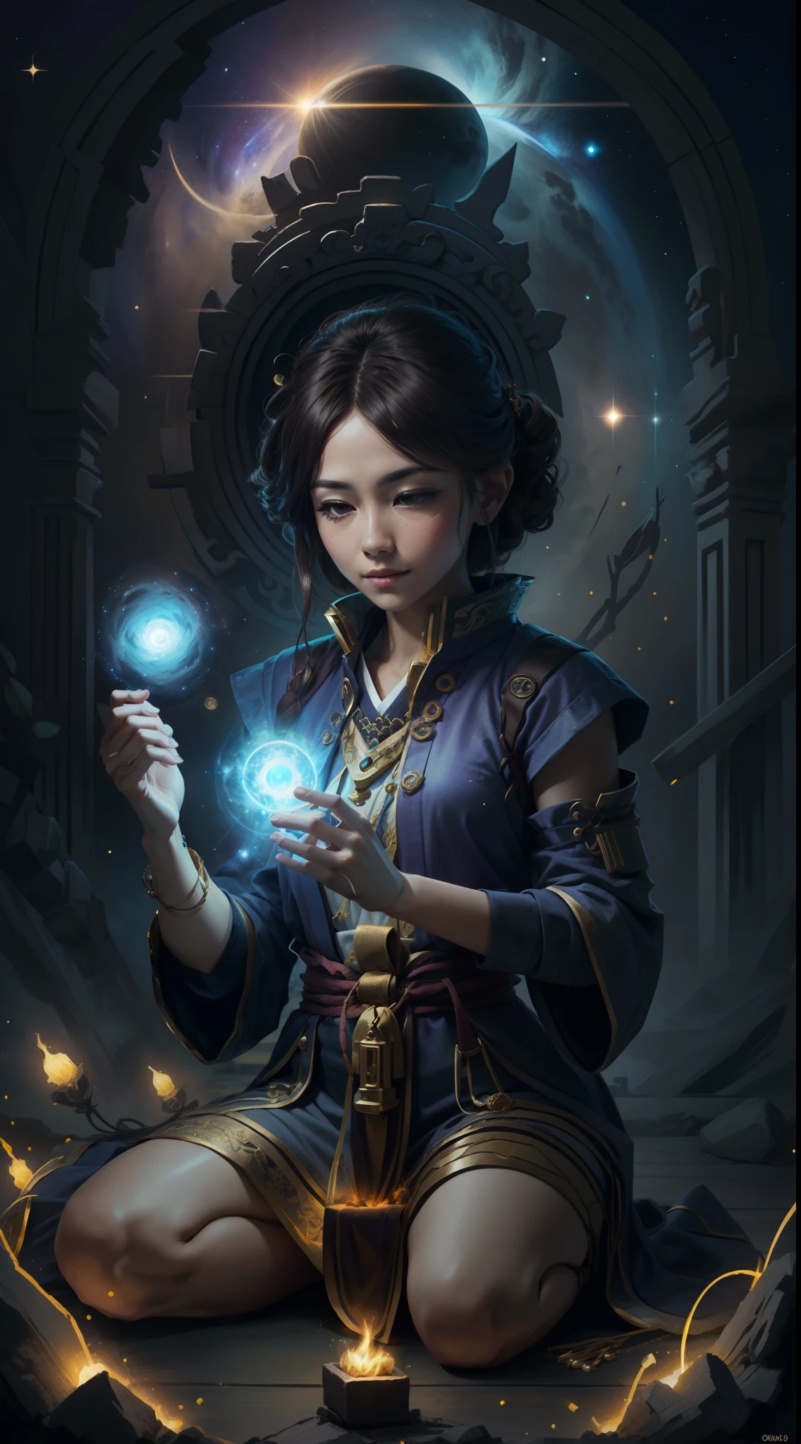Create a cover page , high-definition image, 4K adult female of 33 years, Oriental thin, Dark brown hair, Sit in the temple of light, Meditate in the cosmos of stars.Wisdom awakens practitioners