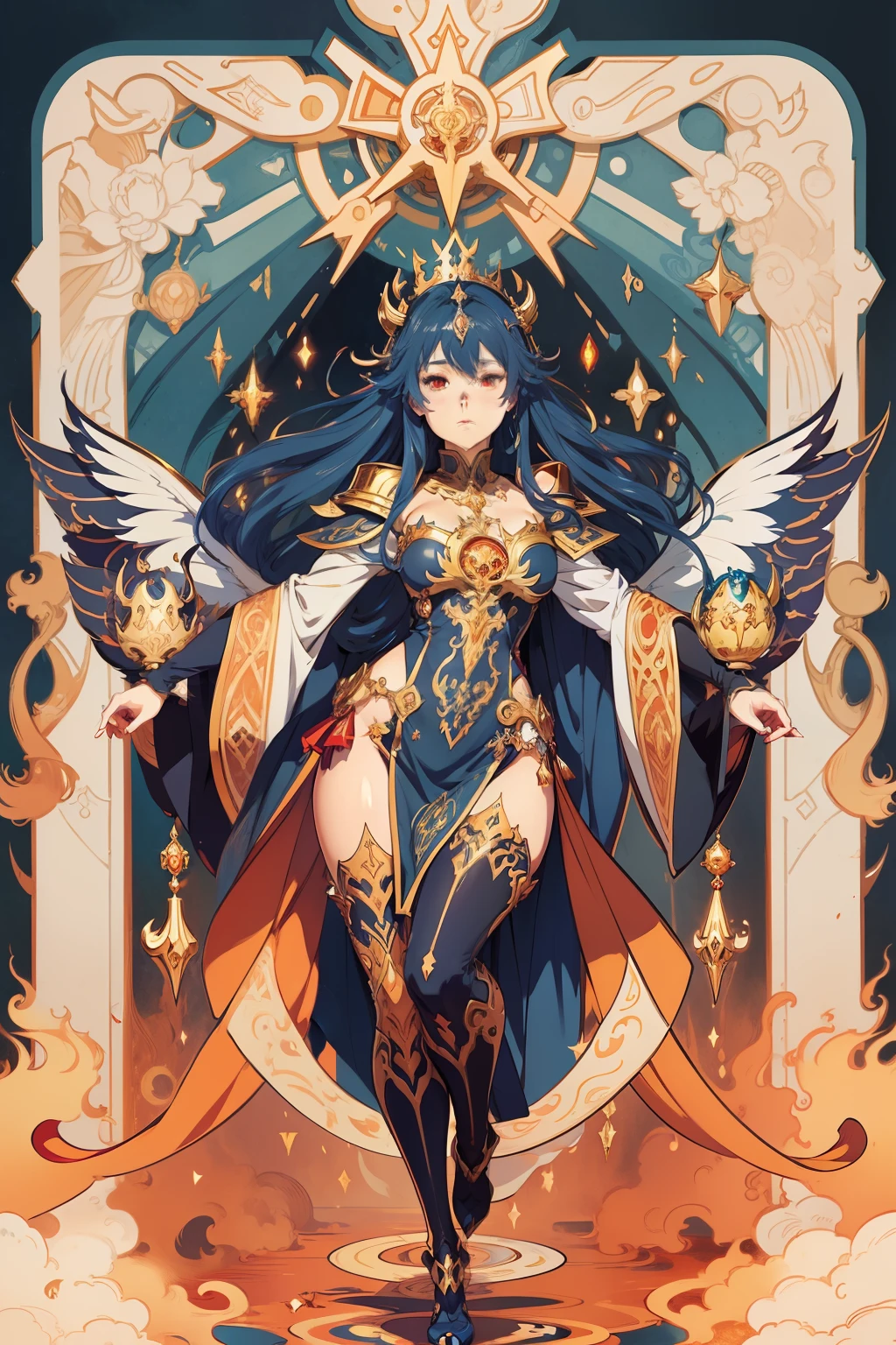 arafed image of a demon girl with a big crown on he head, alphonse mucha and rossdraws, mucha style 4k, artgerm mucha, korean art nouveau anime, portrait knights of zodiac girl, goddess. extremely high detail, anime fantasy illustration, detailed digital anime art, gorgeous goddess of leo, anime art nouveau, talor liner, stick liner, clear line. perfect post leg and shose. backgourd no face. red gold blue outfit, a demon girl. big evil wings flying behide girl.