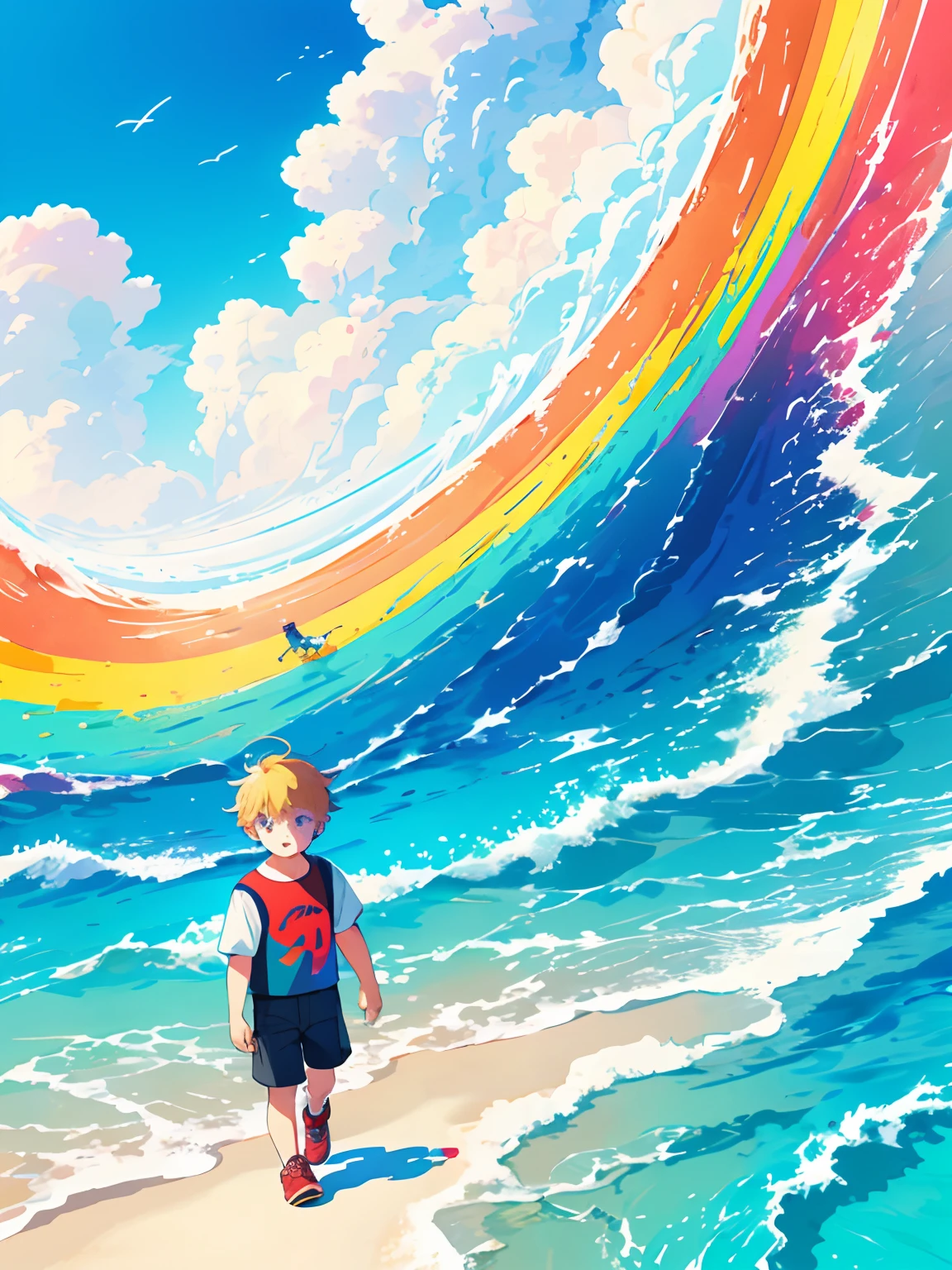 Making of Illustration Poster, Flat illustration, Colorful, Highly saturated, Contour light, warm and bright, Colorful, HD 8K, colored light particles, Heterochromatic, Male , Upper body, Clear face, By the sea, Blue sky, white clouds, (Color: 1.5) , --v6
