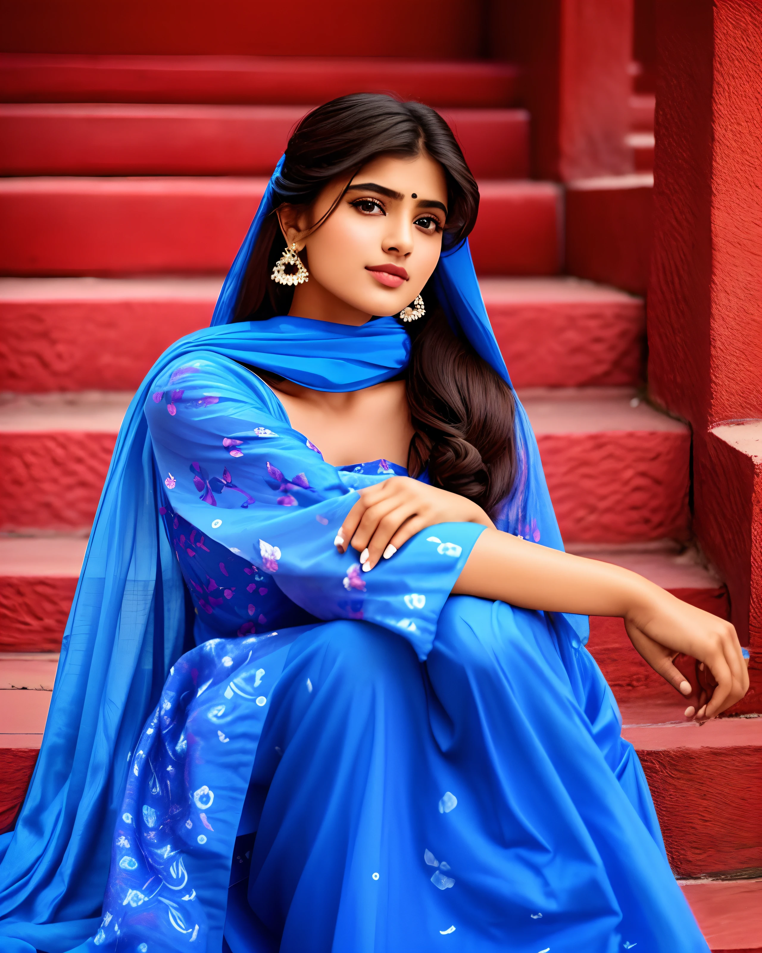 a woman sitting on some steps wearing a blue dress, traditional beauty, cute beautiful, beautiful cute, actress, * colour splash *, very extremely beautiful, very beautiful girl, stylish pose, jayison devadas, handsome girl, highly details, cute woman, with lovely look, movie stills photography, fanart, blue colored traditional wear, indian, by Max Dauthendey