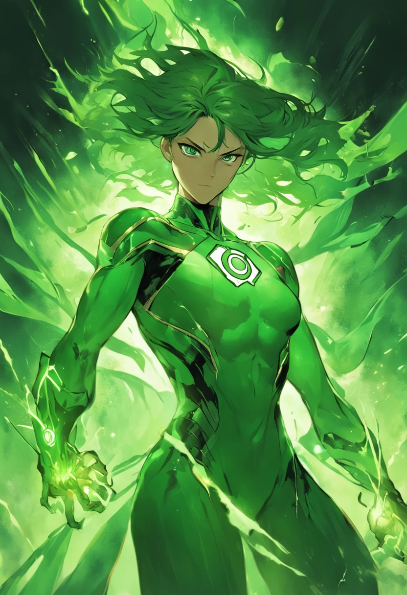 Prompt: {Diante de mim, A woman of extraordinary presence emerges, a Green Lantern whose power emanates in a vivid and captivating aura. Seus cabelos esverdeados, brilhando como folhas sob a luz do sol, they are a tangible reflection of the energy it channels. Um uniforme elegante, created by his willpower and the sheer manifestation of his imagination, envolvendo-a com uma intensidade verde resplandecente. Seus olhos, de um verde hipnotizante, they seem to contain the full spectrum of emotions and possibilities. They reflect the intrinsic intrinsic of a Green Lantern, A warrior of courage and compassion, ready to face challenges that go beyond what the eye can see. Enquanto ela se move, Each gesture is a symphony of confidence and self-mastery. Seu uniforme, feito de pura energia verde, Pulses in harmony with your heart, a manifestation of your connection to the emotional spectrum that Green Lantern represents. Ela parece fluir com o poder que a envolve, a living extension of the cosmic forces that chose her for this mission. With a gesture of his hand, ela convoca construtos feitos de luz esverdeada: armas, shields and tools that are an extension of your own will. Each creation is a manifestation of your creativity and imagination, proof that a Green Lantern is not just a guardian of the universe, but also an artist of energy and light. The presence of the Green Lantern woman is more than a symbol of power; It is a testament to the infinite capacity of the human being to overcome challenges and embrace a greater destiny. She personifies the alliance between human strength and cosmic energies, uma parceria que resulta em uma figura marcante e inspiradora.} Possible additions: A) Posso explorar as origens e os eventos que levaram a mulher a se tornar uma Lanterna Verde, enriquecendo a narrativa com sua jornada pessoal. B) I would like to detail the Green Lantern woman's relationship with other members of the Green Lantern Corps and how she fits into the cosmic context of the