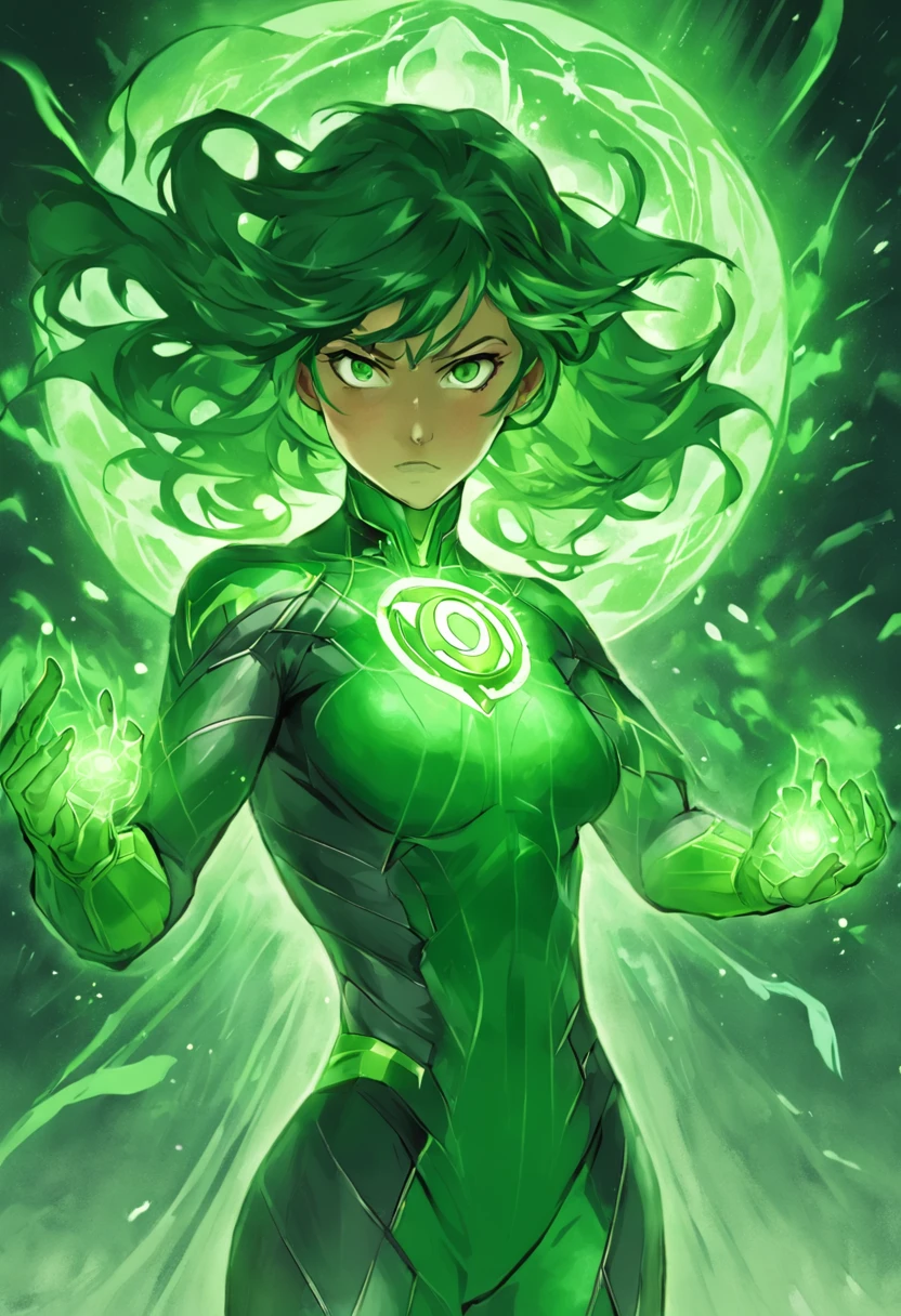 Prompt: {Diante de mim, A woman of extraordinary presence emerges, a Green Lantern whose power emanates in a vivid and captivating aura. Seus cabelos esverdeados, brilhando como folhas sob a luz do sol, they are a tangible reflection of the energy it channels. Um uniforme elegante, created by his willpower and the sheer manifestation of his imagination, envolvendo-a com uma intensidade verde resplandecente. Seus olhos, de um verde hipnotizante, they seem to contain the full spectrum of emotions and possibilities. They reflect the intrinsic intrinsic of a Green Lantern, A warrior of courage and compassion, ready to face challenges that go beyond what the eye can see. Enquanto ela se move, Each gesture is a symphony of confidence and self-mastery. Seu uniforme, feito de pura energia verde, Pulses in harmony with your heart, a manifestation of your connection to the emotional spectrum that Green Lantern represents. Ela parece fluir com o poder que a envolve, a living extension of the cosmic forces that chose her for this mission. With a gesture of his hand, ela convoca construtos feitos de luz esverdeada: armas, shields and tools that are an extension of your own will. Each creation is a manifestation of your creativity and imagination, proof that a Green Lantern is not just a guardian of the universe, but also an artist of energy and light. The presence of the Green Lantern woman is more than a symbol of power; It is a testament to the infinite capacity of the human being to overcome challenges and embrace a greater destiny. She personifies the alliance between human strength and cosmic energies, uma parceria que resulta em uma figura marcante e inspiradora.} Possible additions: A) Posso explorar as origens e os eventos que levaram a mulher a se tornar uma Lanterna Verde, enriquecendo a narrativa com sua jornada pessoal. B) I would like to detail the Green Lantern woman's relationship with other members of the Green Lantern Corps and how she fits into the cosmic context of the