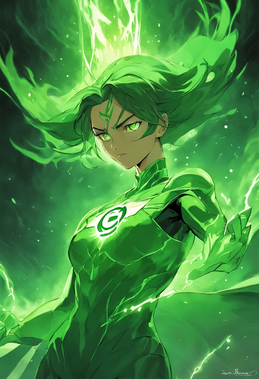 Prompt: {Diante de mim, A woman of extraordinary presence emerges, a Green Lantern whose power emanates in a vivid and captivating aura. Seus cabelos esverdeados, brilhando como folhas sob a luz do sol, they are a tangible reflection of the energy it channels. Um uniforme elegante, created by his willpower and the sheer manifestation of his imagination, envolvendo-a com uma intensidade verde resplandecente. Seus olhos, de um verde hipnotizante, they seem to contain the full spectrum of emotions and possibilities. They reflect the intrinsic intrinsic of a Green Lantern, A warrior of courage and compassion, ready to face challenges that go beyond what the eye can see. Enquanto ela se move, Each gesture is a symphony of confidence and self-mastery. Seu uniforme, feito de pura energia verde, Pulses in harmony with your heart, a manifestation of your connection to the emotional spectrum that Green Lantern represents. Ela parece fluir com o poder que a envolve, a living extension of the cosmic forces that chose her for this mission. With a gesture of his hand, ela convoca construtos feitos de luz esverdeada: armas, shields and tools that are an extension of your own will. Each creation is a manifestation of your creativity and imagination, proof that a Green Lantern is not just a guardian of the universe, but also an artist of energy and light. The presence of the Green Lantern woman is more than a symbol of power; It is a testament to the infinite capacity of the human being to overcome challenges and embrace a greater destiny. She personifies the alliance between human strength and cosmic energies, uma parceria que resulta em uma figura marcante e inspiradora.} Possible additions: A) Posso explorar as origens e os eventos que levaram a mulher a se tornar uma Lanterna Verde, enriquecendo a narrativa com sua jornada pessoal. B) I would like to detail the Green Lantern woman's relationship with other members of the Green Lantern Corps and how she fits into the cosmic context of the