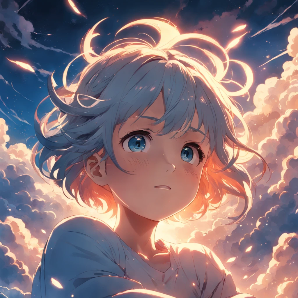 masterpiece, best quality, movie still, 1girl, cloud girl, floating in the sky, close-up, bright, happy, warm soft lighting, sunset, (sparks:0.7)