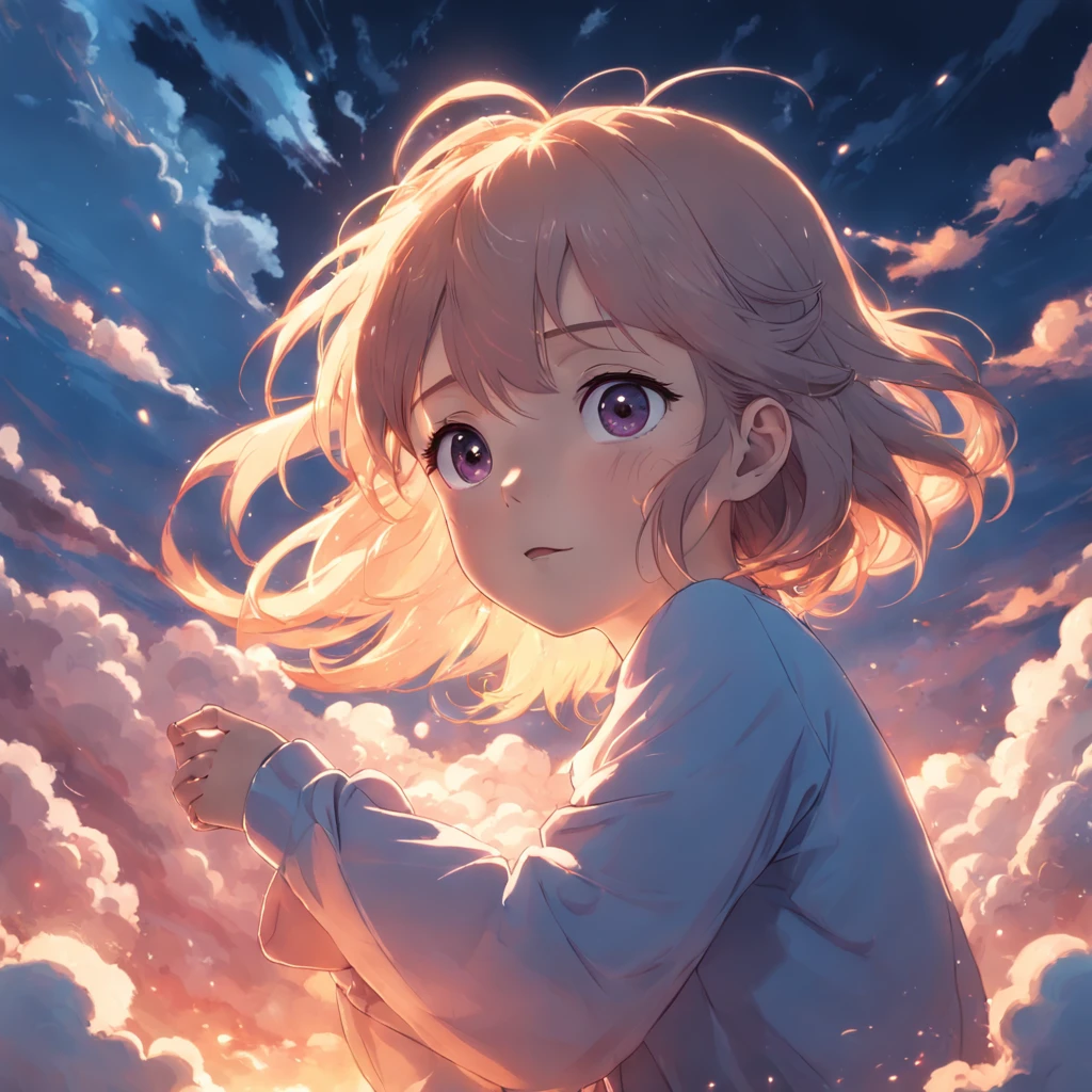masterpiece, best quality, movie still, 1girl, cloud girl, floating in the sky, close-up, bright, happy, warm soft lighting, sunset, (sparks:0.7)