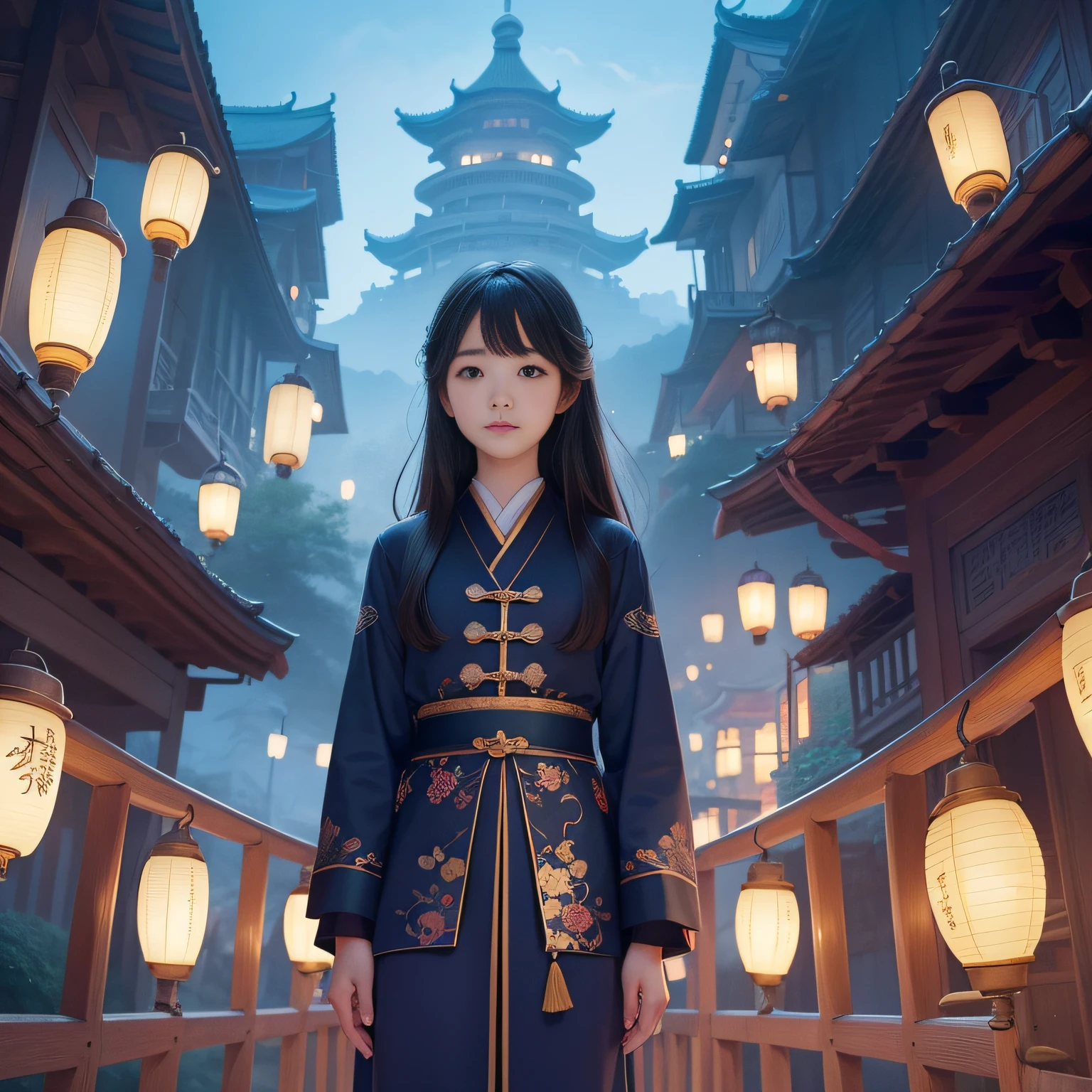 Two people stood on the bridge,There are lanterns hanging in the sky, A beautiful artwork illustration, fairy-tale illustration style, dreamlike illustration, illustration!, Chinese fantasy, Fine quality illustrations, boy girl traditional romance, 2 d illustration, 2D illustration, by Yang J, author:Qu Leilei, blurry and dreamy illustration, Digital illustration, natta, A illustration
